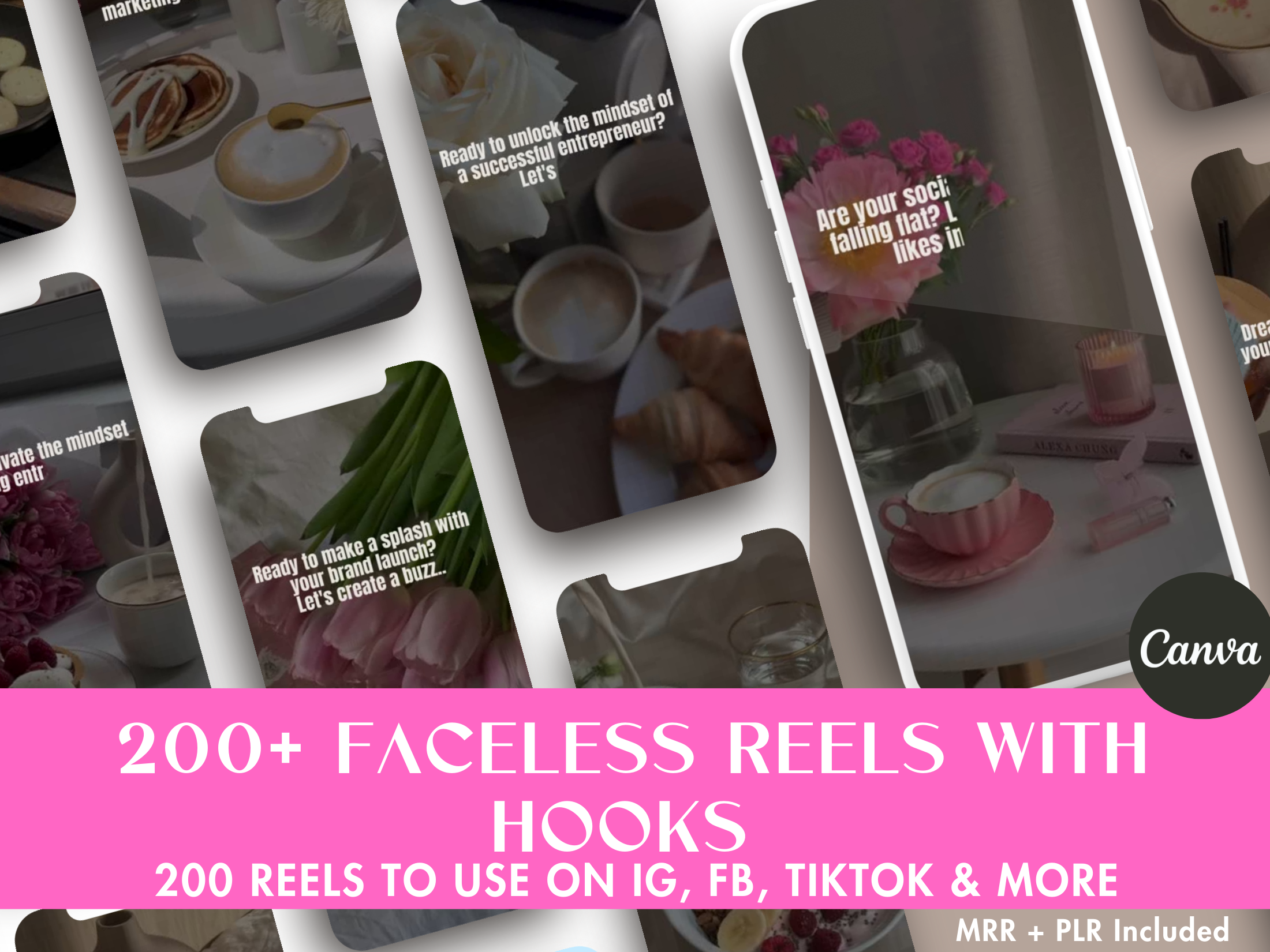 Cover image for the 200+ Faceless Reels With Hooks, showcasing the various designs included in the collection.