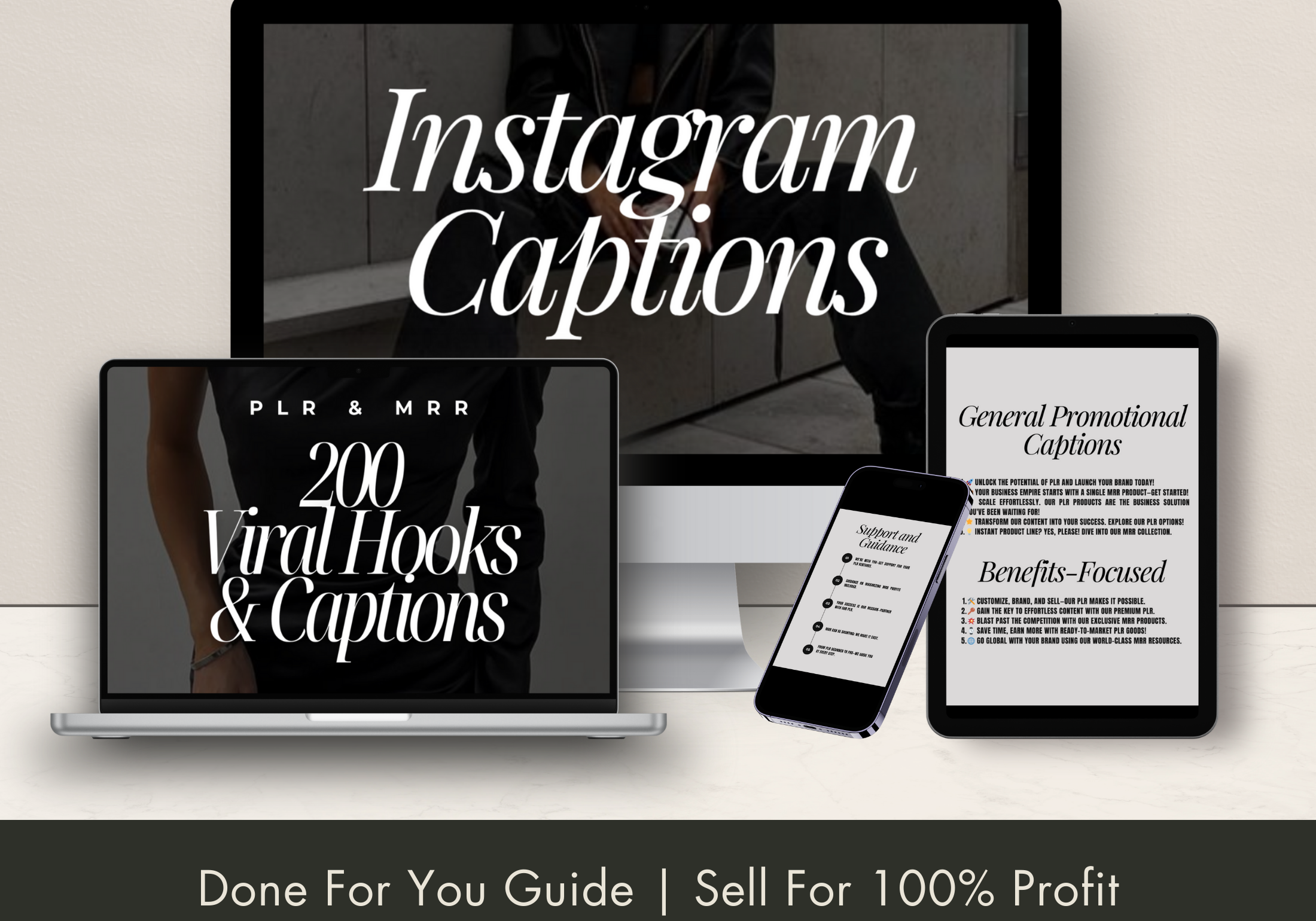 Digital mockup of the 200 Viral Hooks & Captions eBook, showing the book displayed on a laptop, tablet, and smartphone.