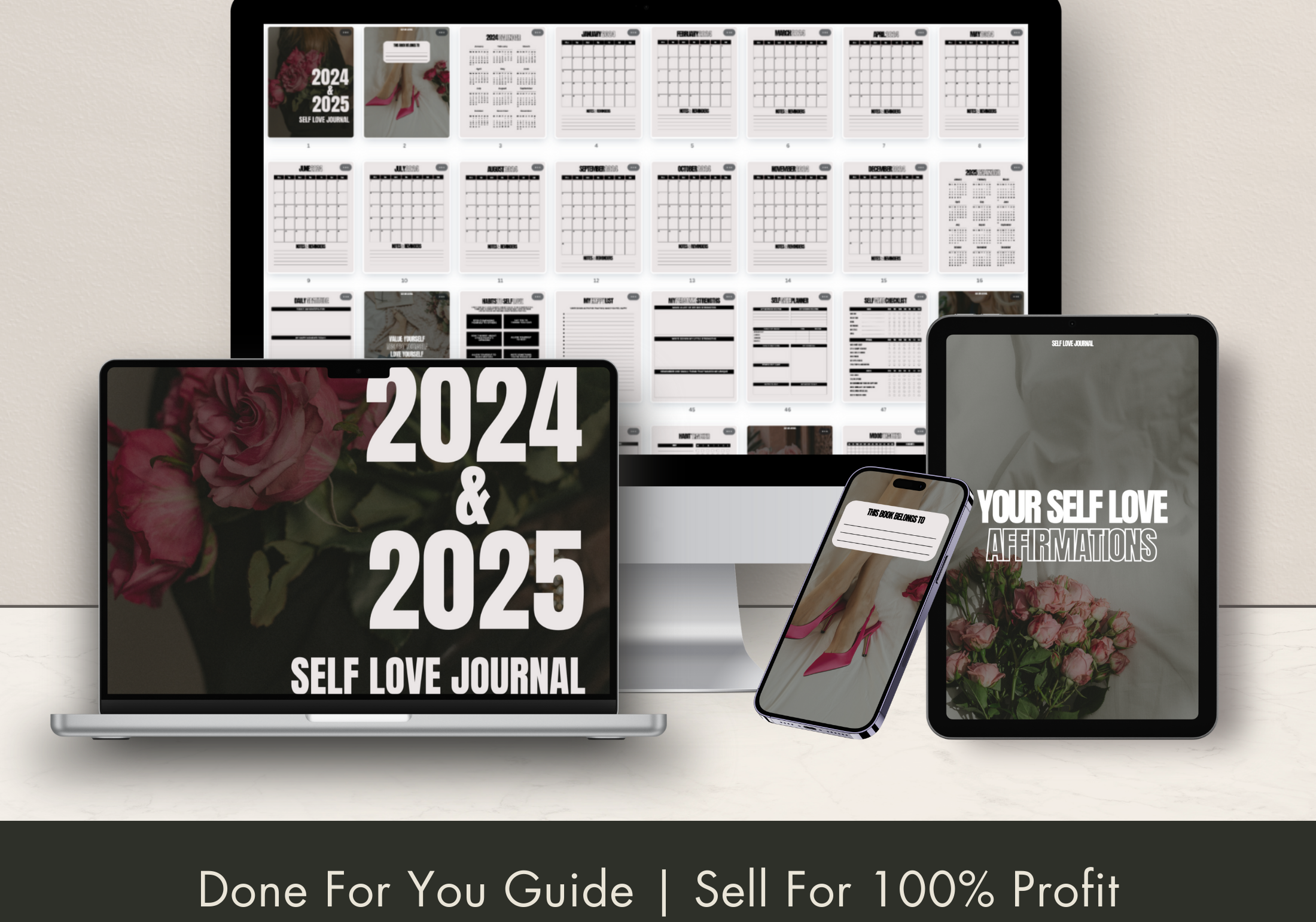 Mockup of the 2024 & 2025 Self Love Journal shown on various digital devices, emphasizing its availability in multiple formats.