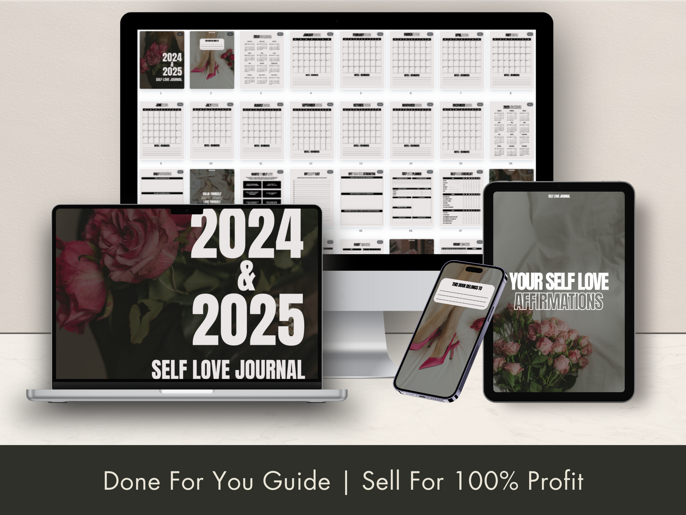 Mockup of the 2024 & 2025 Self Love Journal shown on various digital devices, emphasizing its availability in multiple formats.