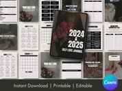 Layout images for the 2024 & 2025 Self Love Journal, displaying calendar pages and affirmation sections.