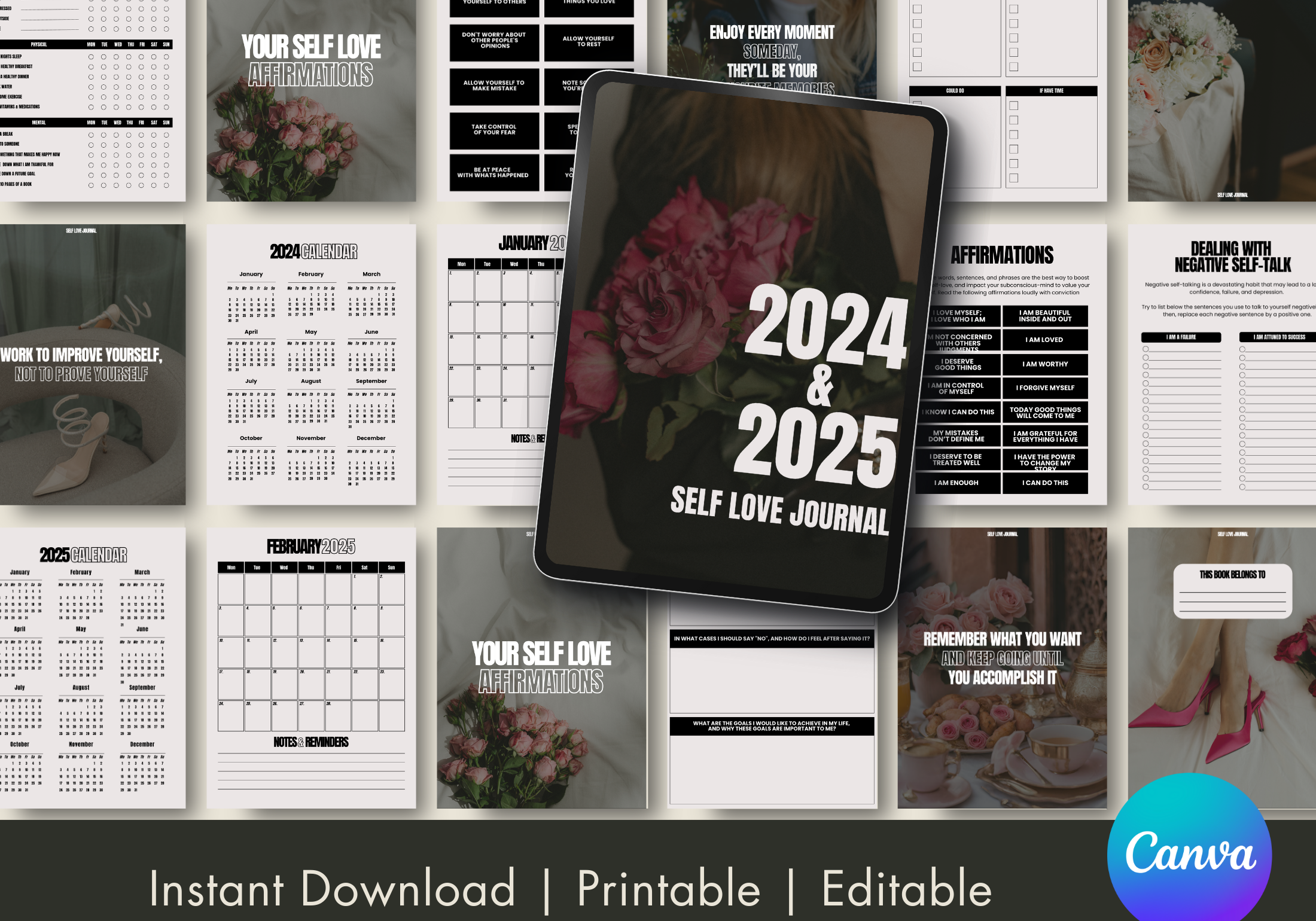 Layout images for the 2024 & 2025 Self Love Journal, displaying calendar pages and affirmation sections.