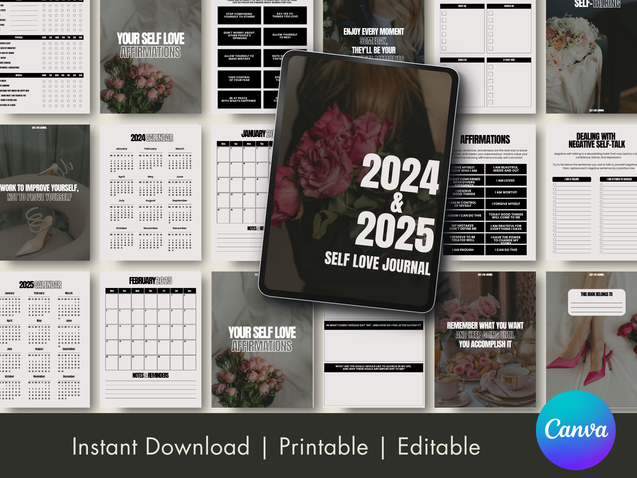 Layout images for the 2024 & 2025 Self Love Journal, displaying calendar pages and affirmation sections.