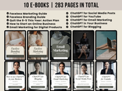 Showcase of 10 eBooks included in the bundle, offering step-by-step guides on marketing, branding, and business strategies tailored for 2025 success.