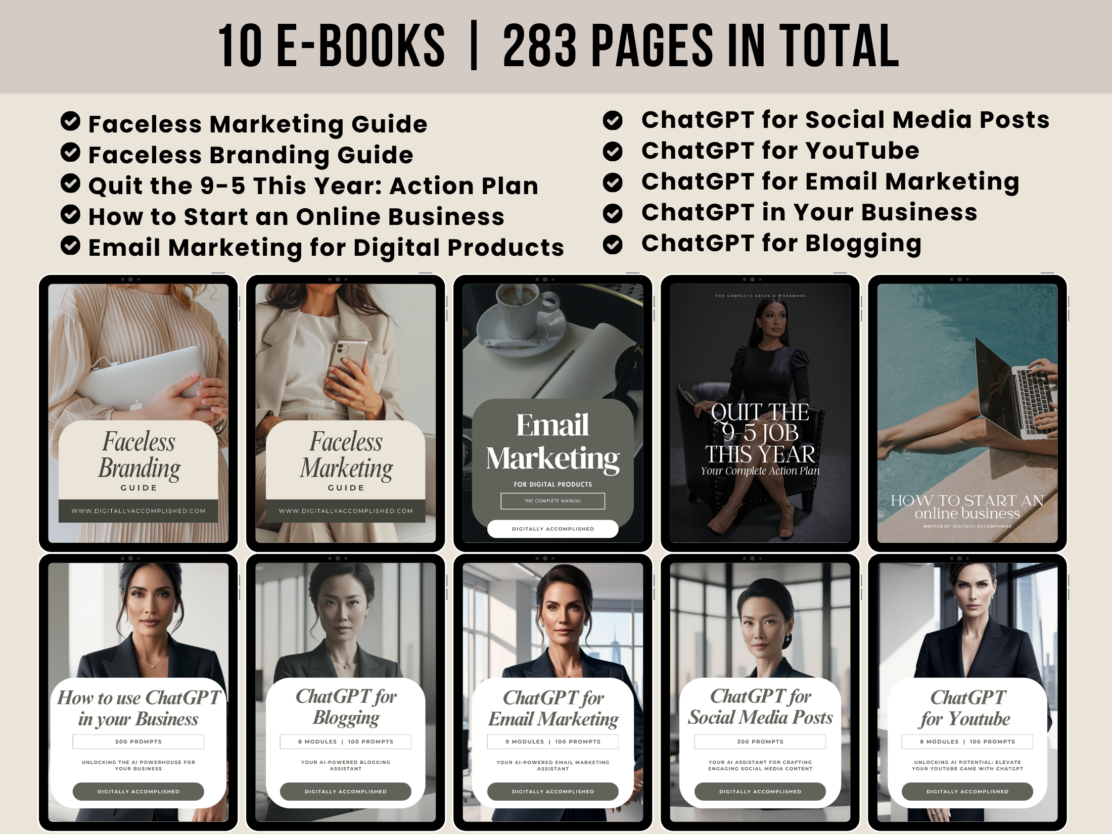 Showcase of 10 eBooks included in the bundle, offering step-by-step guides on marketing, branding, and business strategies tailored for 2025 success.