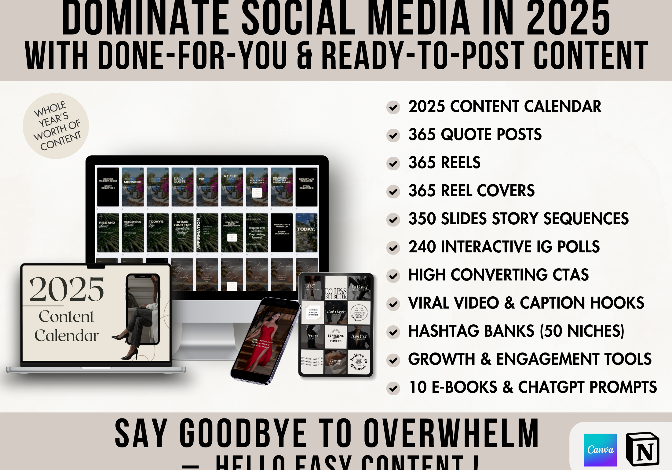 A vibrant display summarizing the 2025 social media domination bundle, emphasizing the "done-for-you" content and time-saving solutions.