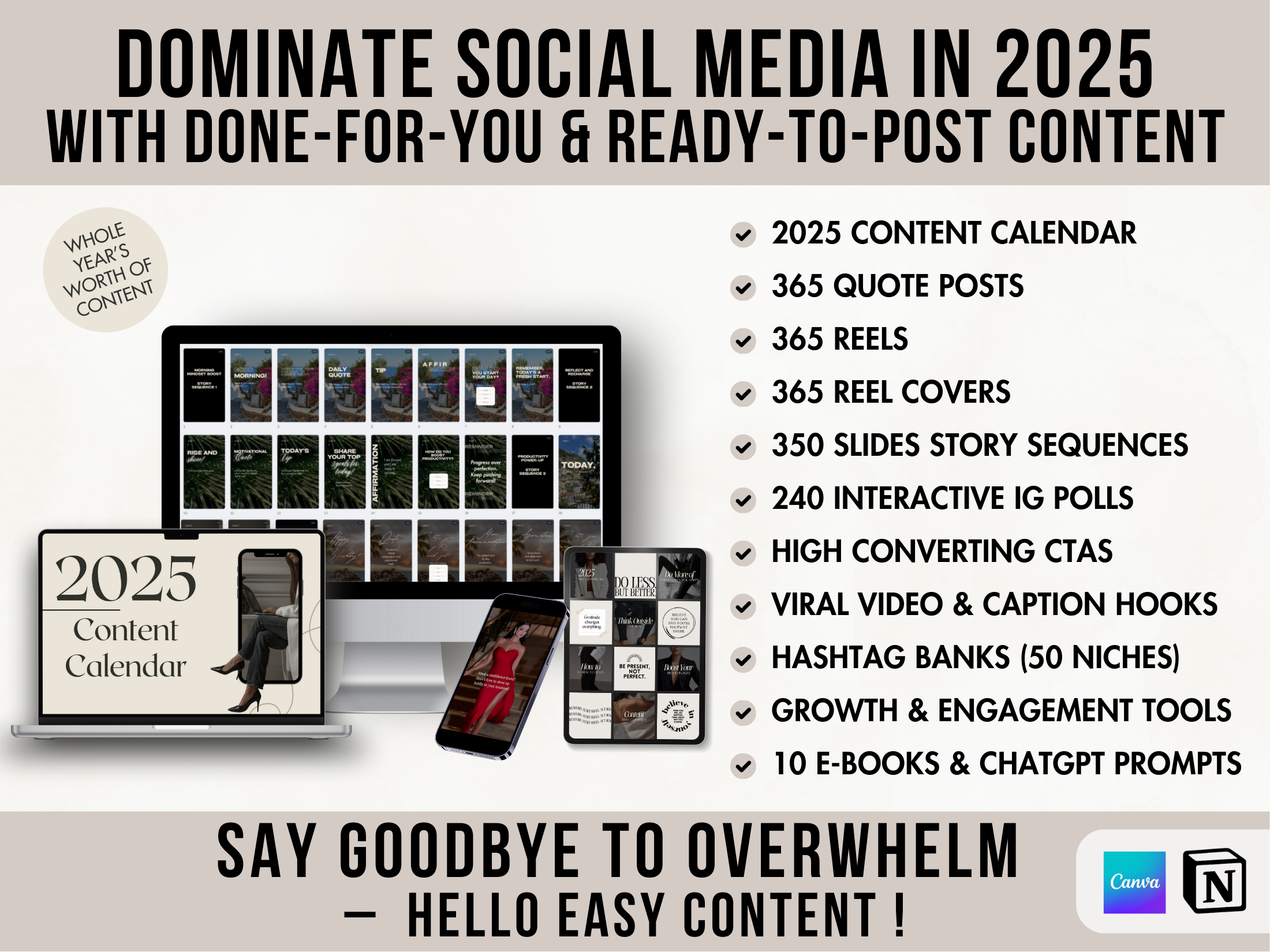 A vibrant display summarizing the 2025 social media domination bundle, emphasizing the "done-for-you" content and time-saving solutions.