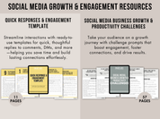 Visual representation of social media business growth and productivity challenges, including templates for engagement and actionable strategies.