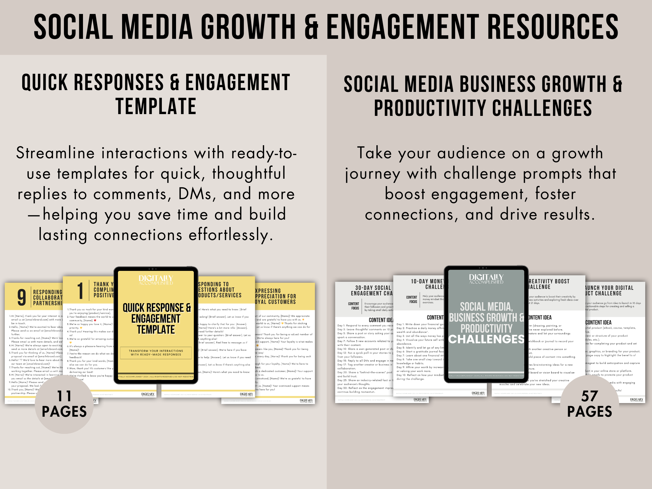 Visual representation of social media business growth and productivity challenges, including templates for engagement and actionable strategies.