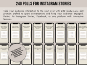 Interactive Instagram story polls, featuring 240 templates for audience engagement with thoughtful, ready-to-use question prompts.