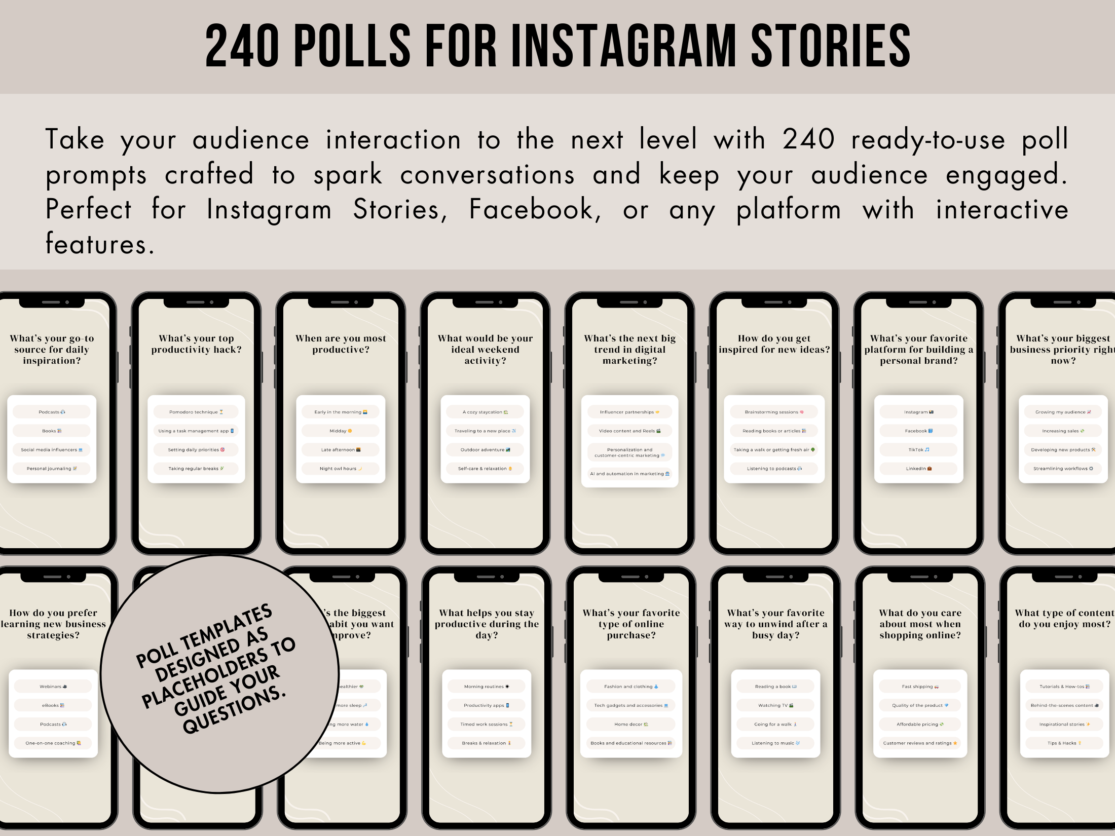 Interactive Instagram story polls, featuring 240 templates for audience engagement with thoughtful, ready-to-use question prompts.