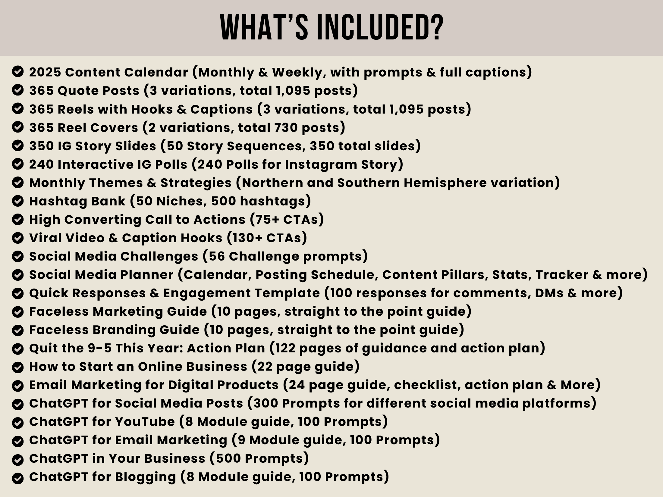 A detailed breakdown of all features included in the bundle, from content calendars to hashtags and strategy guides.