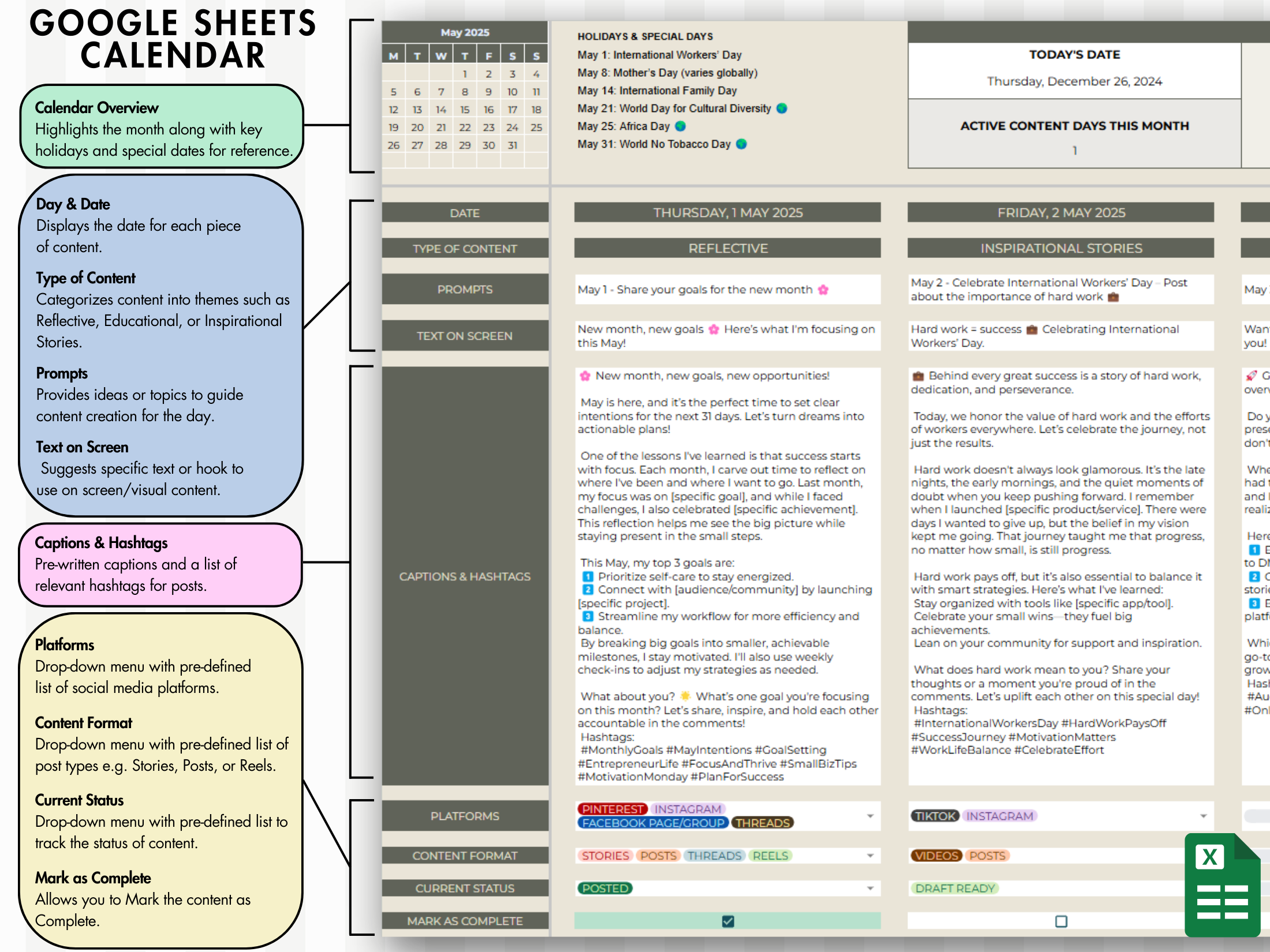 Overview of the 2025 Social Media Content Calendar in Google Sheets format, featuring holidays, special days, and editable sections for content planning - Digitally Accomplished