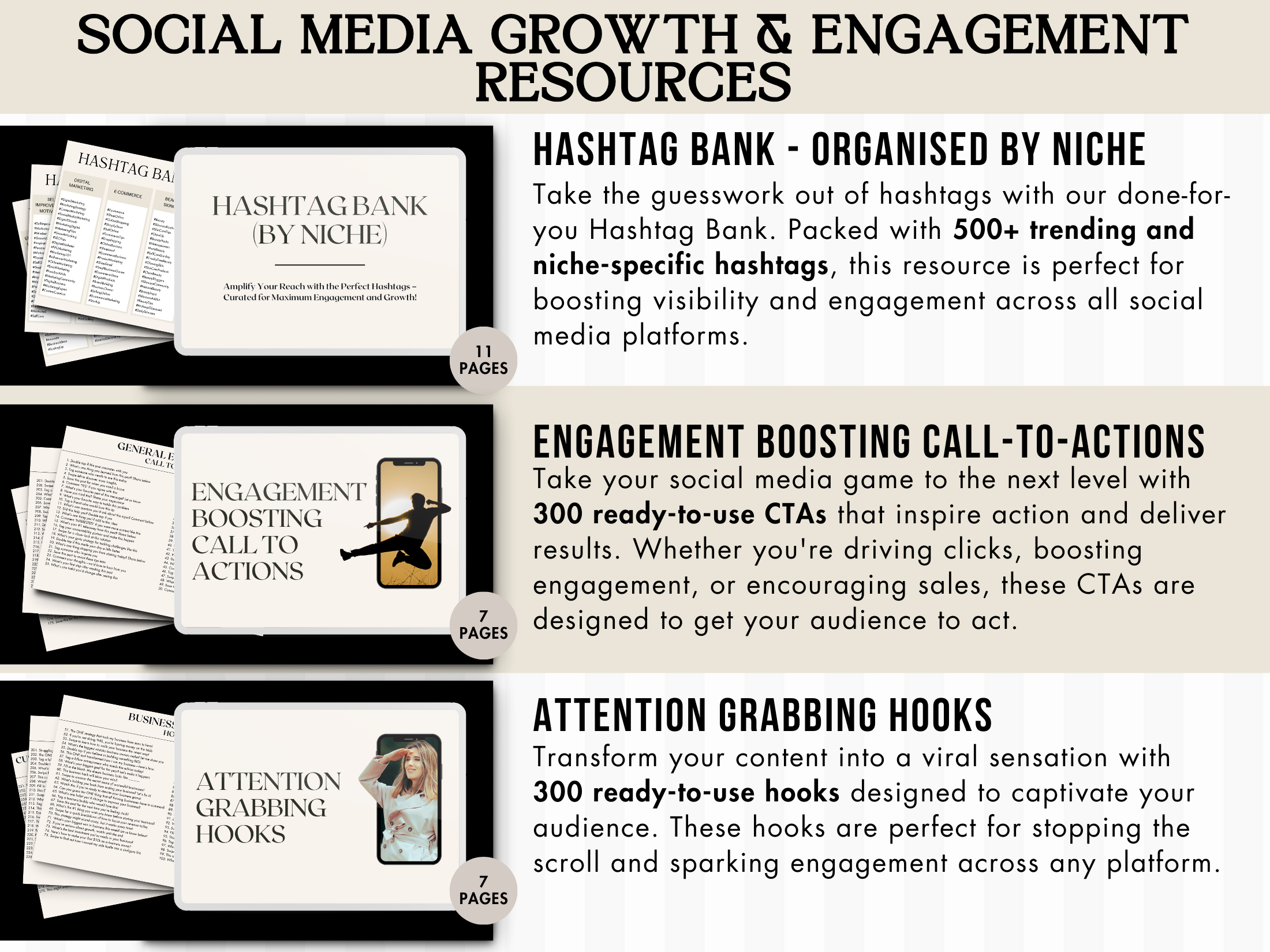 Additional social media growth and engagement resources, including hashtag banks, call-to-action prompts, and attention-grabbing hooks. Digitally Accomplished