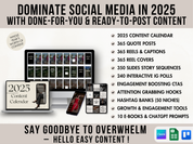 2025 Social Media Domination Bundle Cover Page with DFY Reels, quotes, social media content calendar, hooks, CTA, ebooks and more