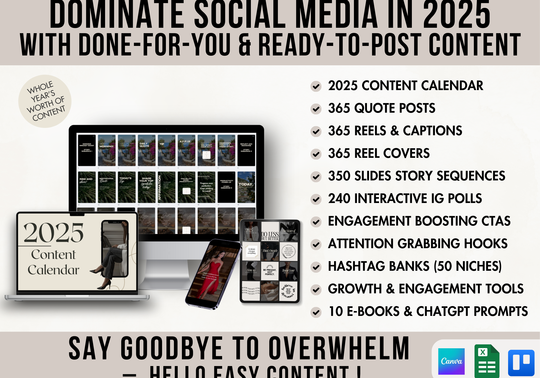 2025 Social Media Domination Bundle Cover Page with DFY Reels, quotes, social media content calendar, hooks, CTA, ebooks and more