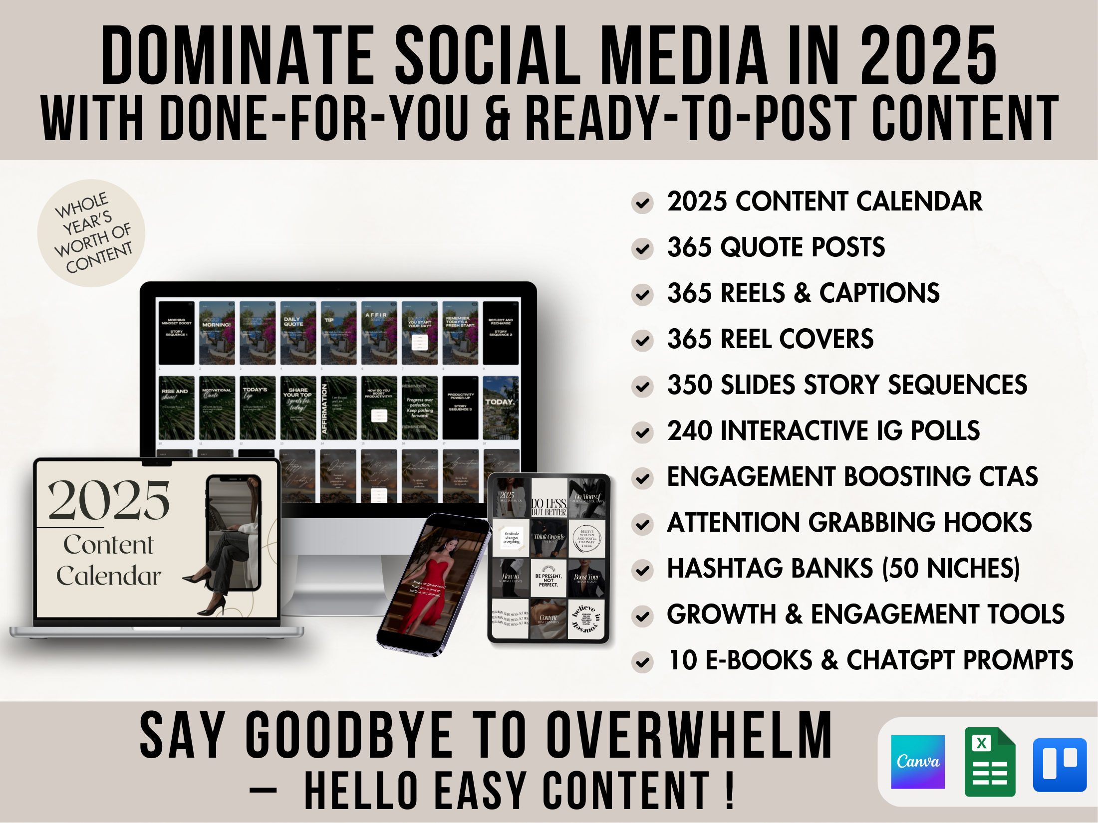 2025 Social Media Domination Bundle Cover Page with DFY Reels, quotes, social media content calendar, hooks, CTA, ebooks and more