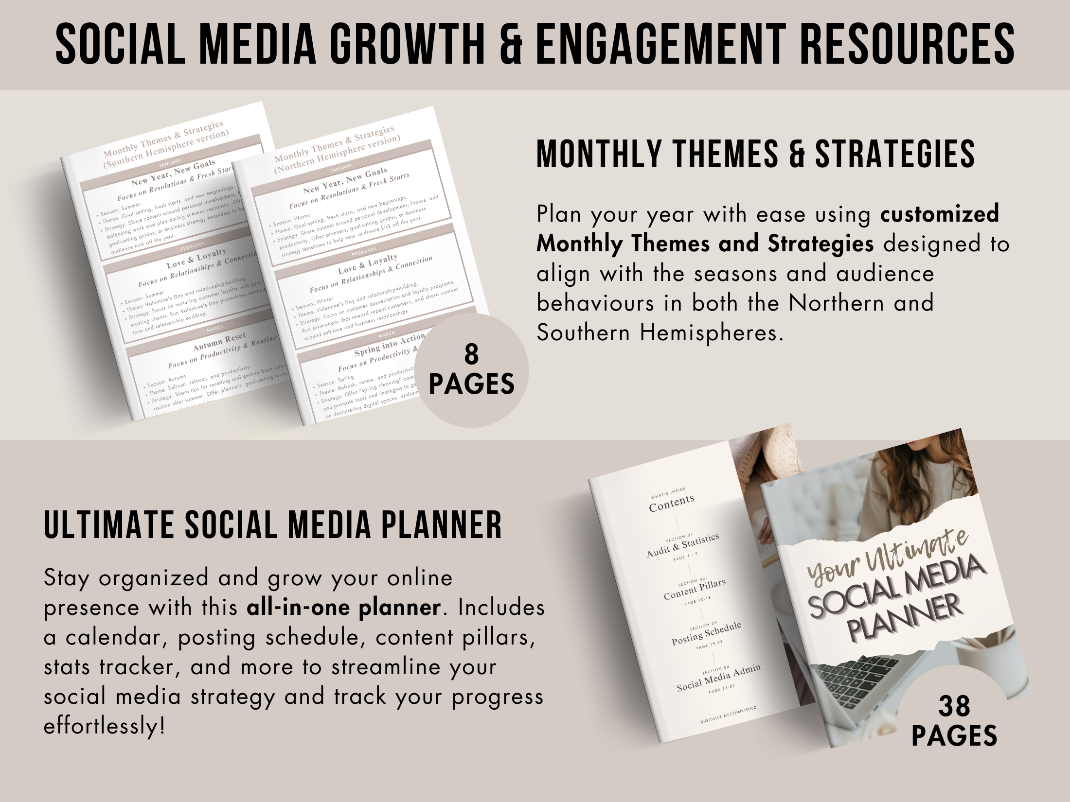 Monthly themes, strategies, and an all-in-one social media planner for streamlined growth and content organization.