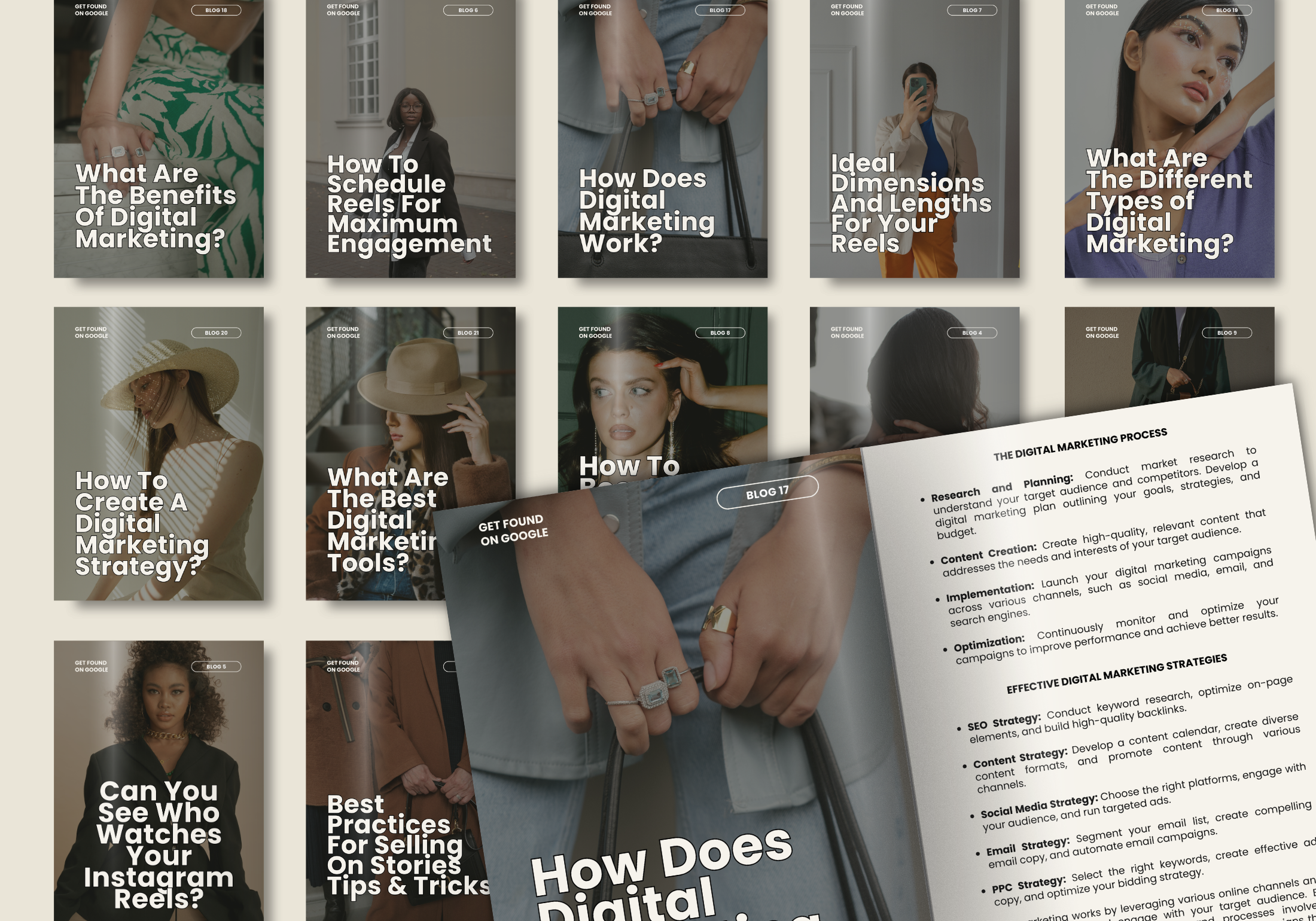 Overview of 21 Done-For-You Digital Marketing Blogs - Topics Include Instagram Reels, Digital Marketing Strategies, and More