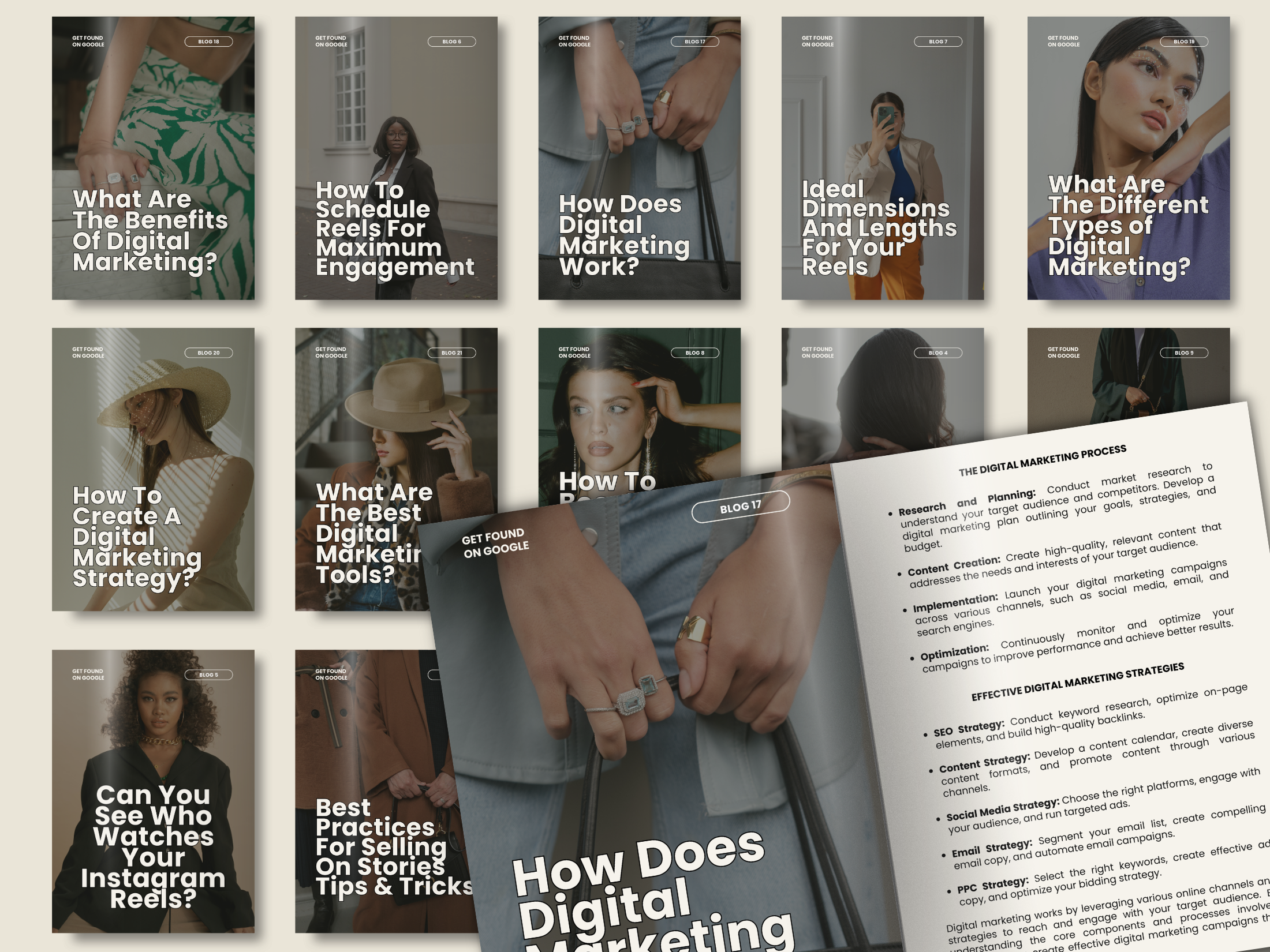 Overview of 21 Done-For-You Digital Marketing Blogs - Topics Include Instagram Reels, Digital Marketing Strategies, and More