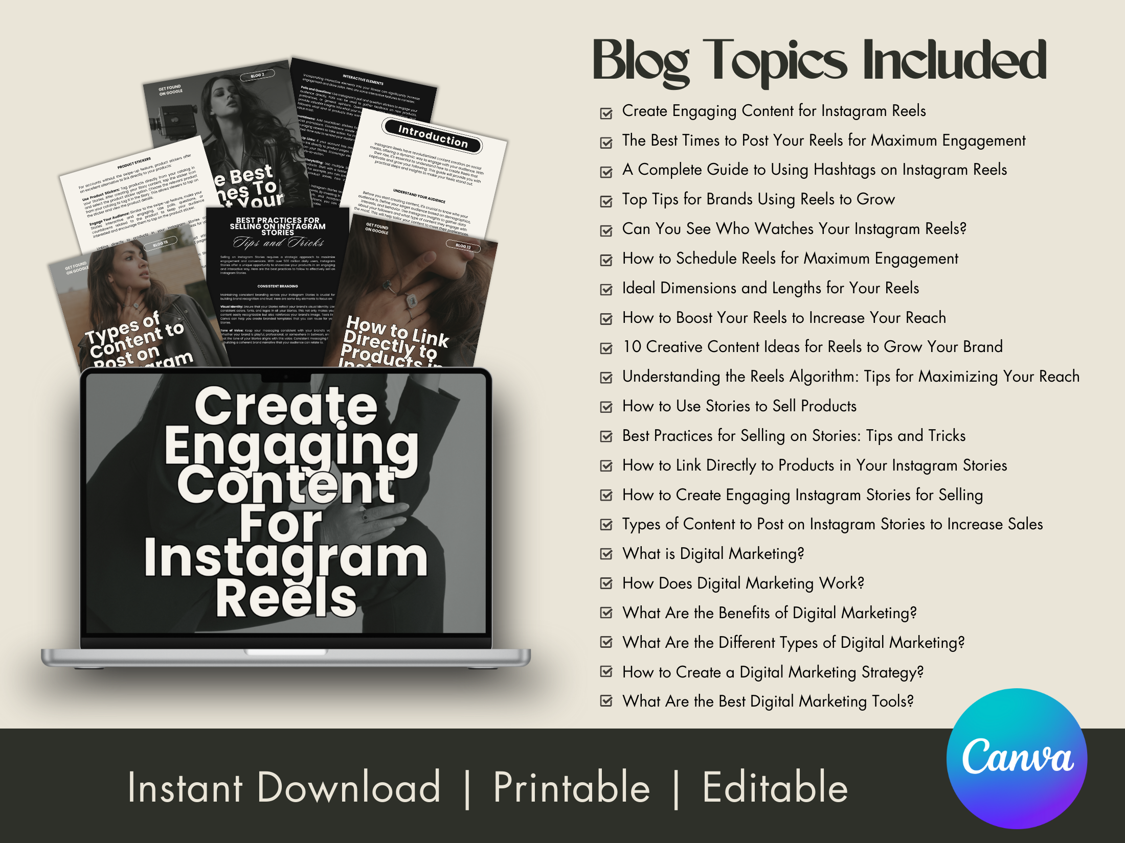 What's Included in 21 Done-For-You Digital Marketing Blogs - 68 Pages of Ready-to-Sell Content, Editable and Printable