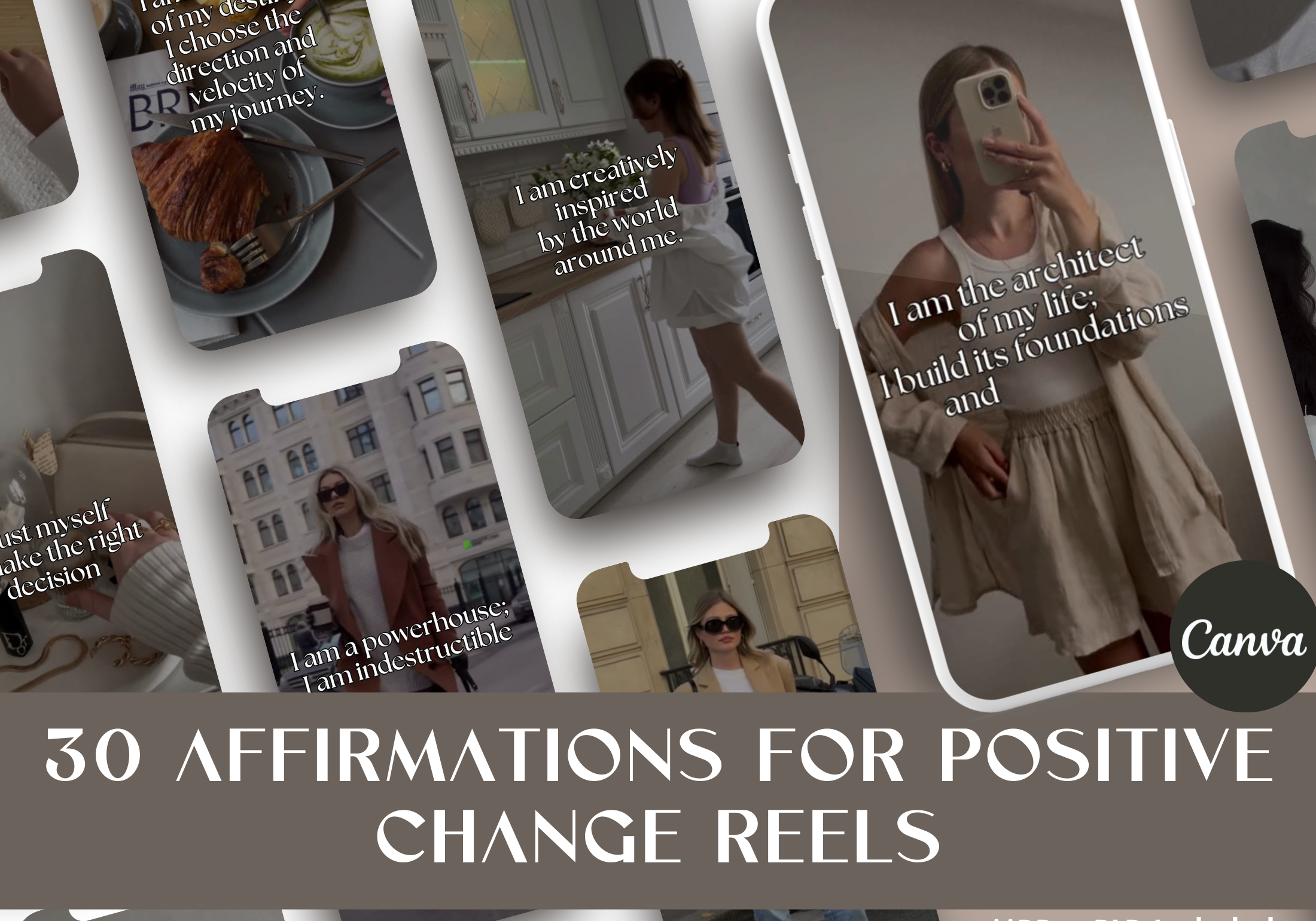 Cover image showcasing the 30 Affirmations for Positive Change Reels, featuring various lifestyle-themed designs.