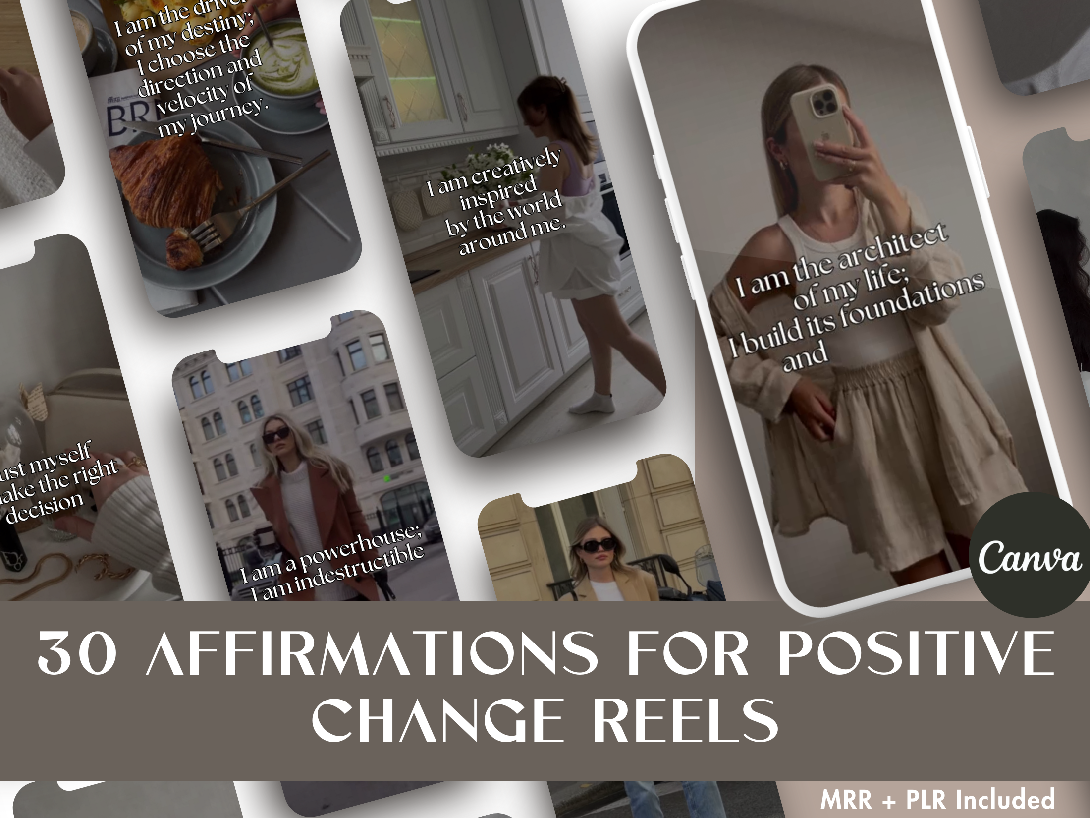 Cover image showcasing the 30 Affirmations for Positive Change Reels, featuring various lifestyle-themed designs.