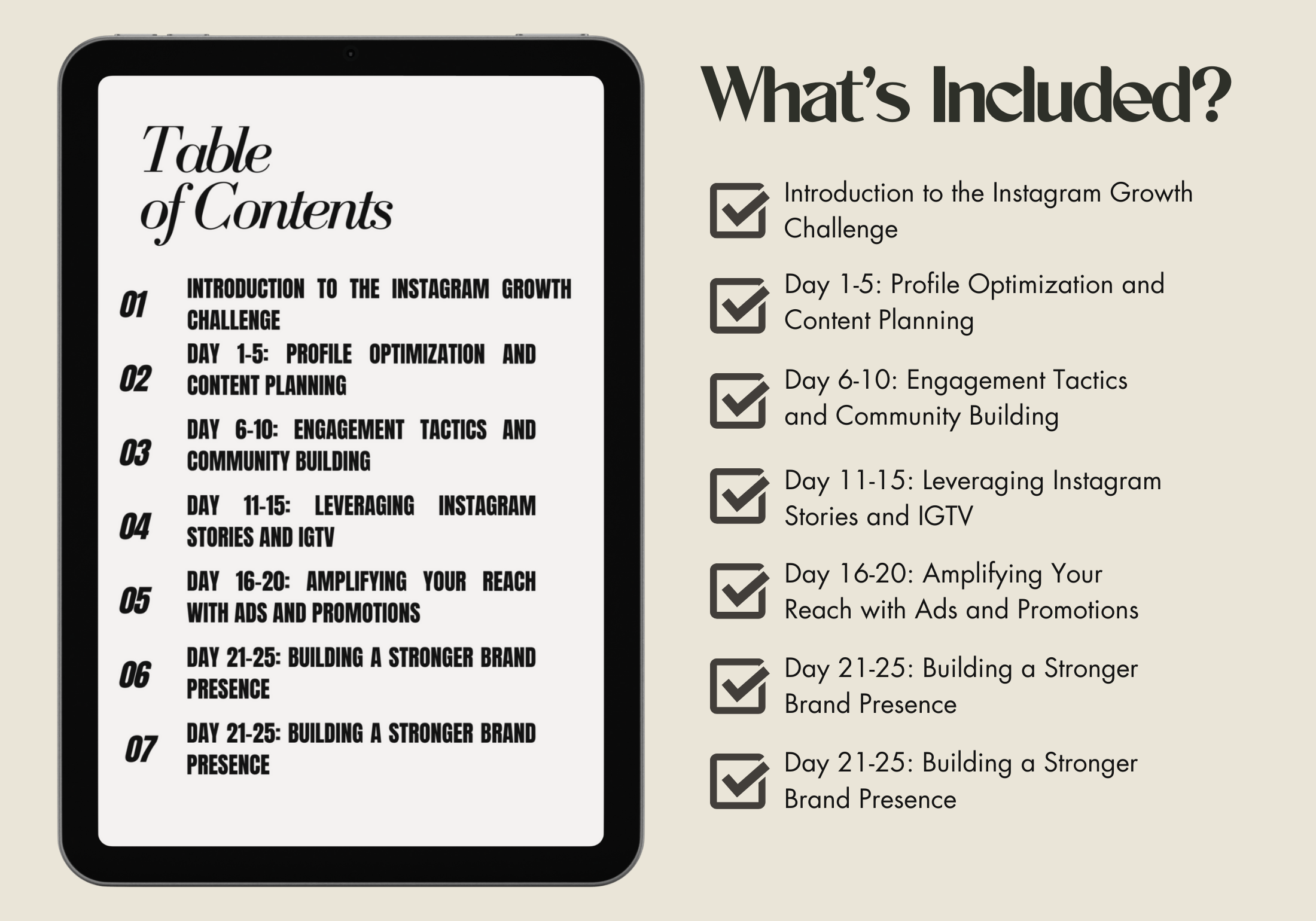 Table of contents for the 30 Day Instagram Growth Challenge With MRR, listing the key topics covered in the guide.