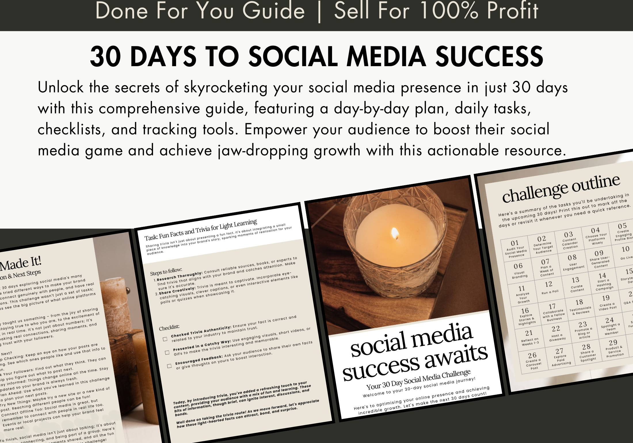 Back cover of the 30 Day Social Media Challenge eBook, featuring testimonials and the promise of social media growth within 30 days.