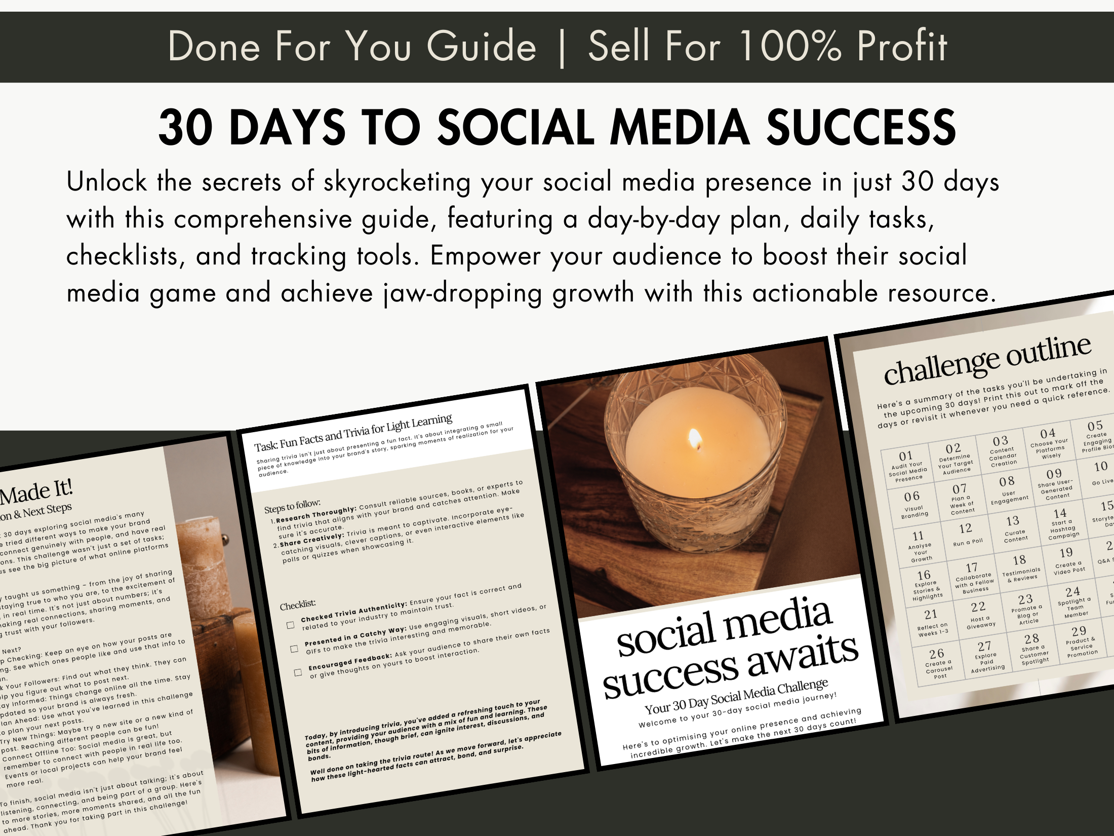 Back cover of the 30 Day Social Media Challenge eBook, featuring testimonials and the promise of social media growth within 30 days.