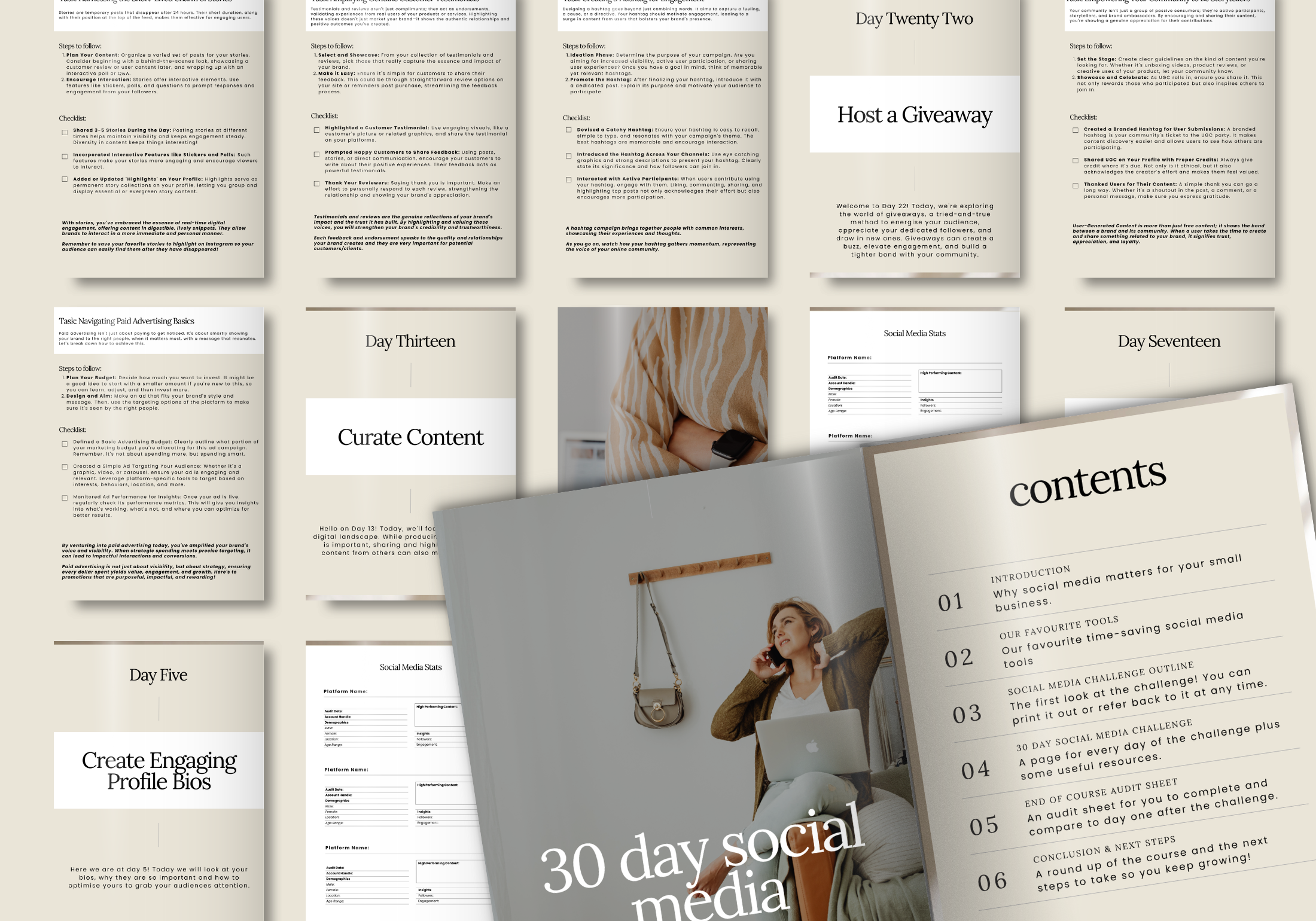 Interior pages of the 30 Day Social Media Challenge eBook, showcasing tasks, checklists, and tools for social media success.