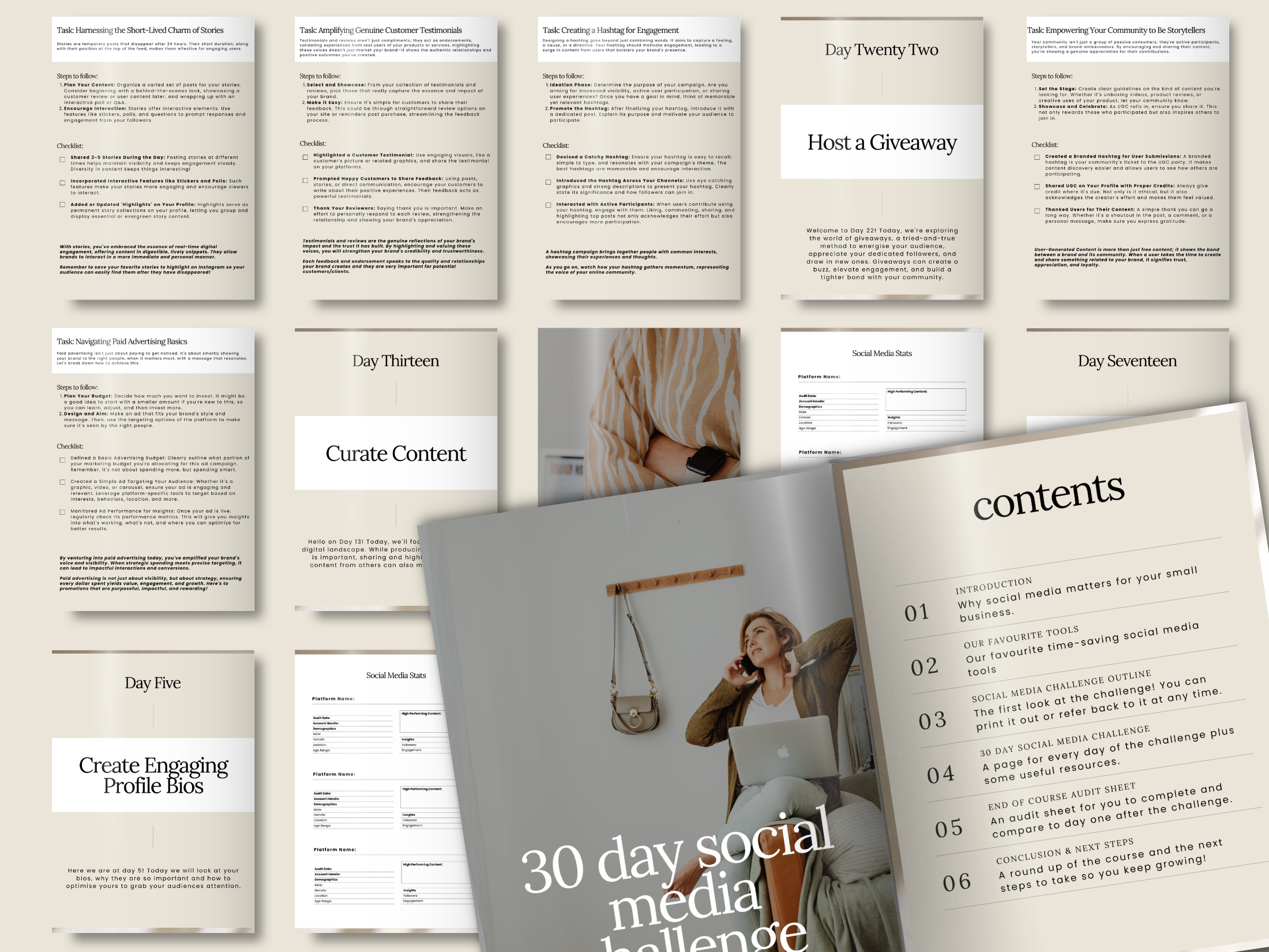 Interior pages of the 30 Day Social Media Challenge eBook, showcasing tasks, checklists, and tools for social media success.