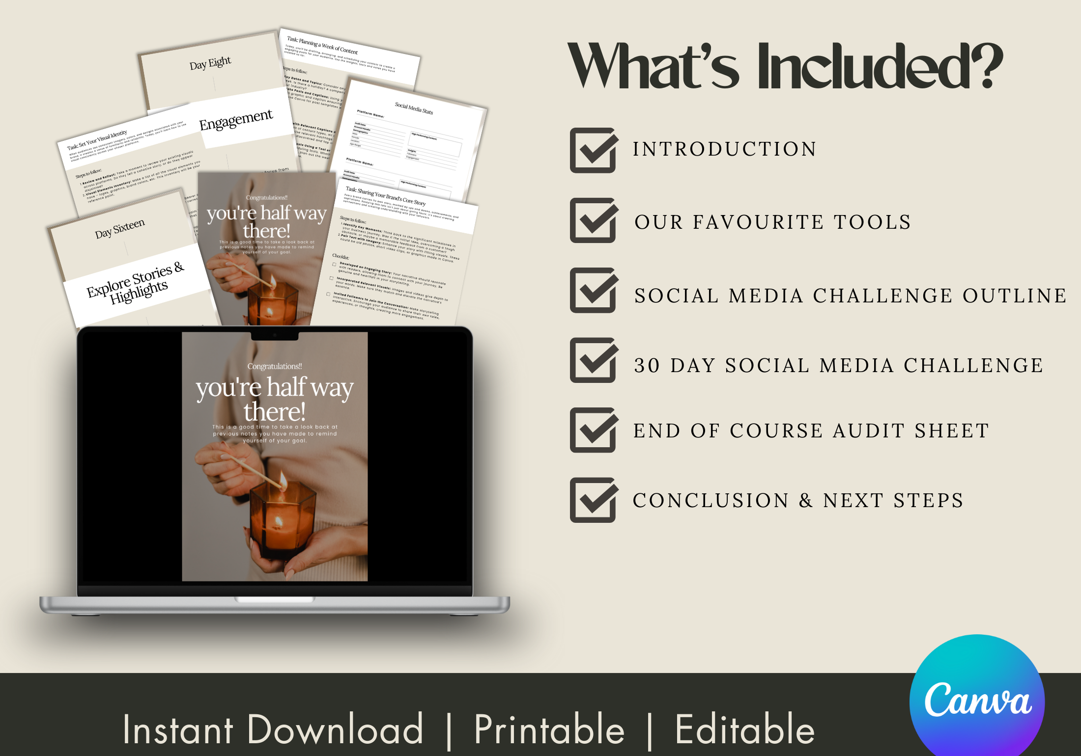 A detailed list of what’s included in the 30 Day Social Media Challenge eBook, highlighting key sections and tools provided.