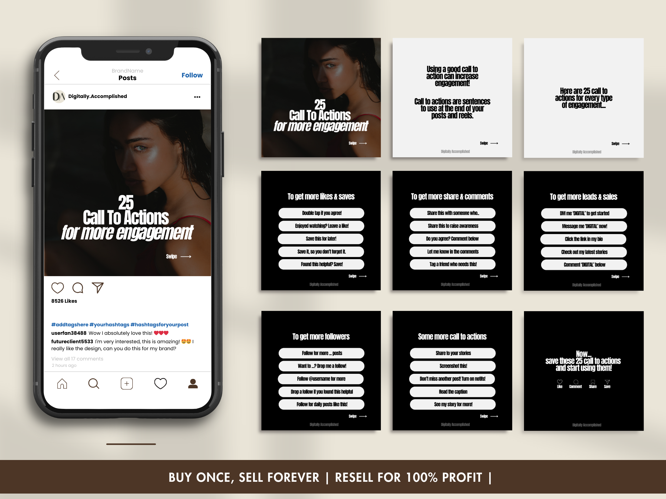 Carousel showcasing 25 call-to-actions to boost engagement, part of the 30 Days of Digital Marketing Carousels Bundle.