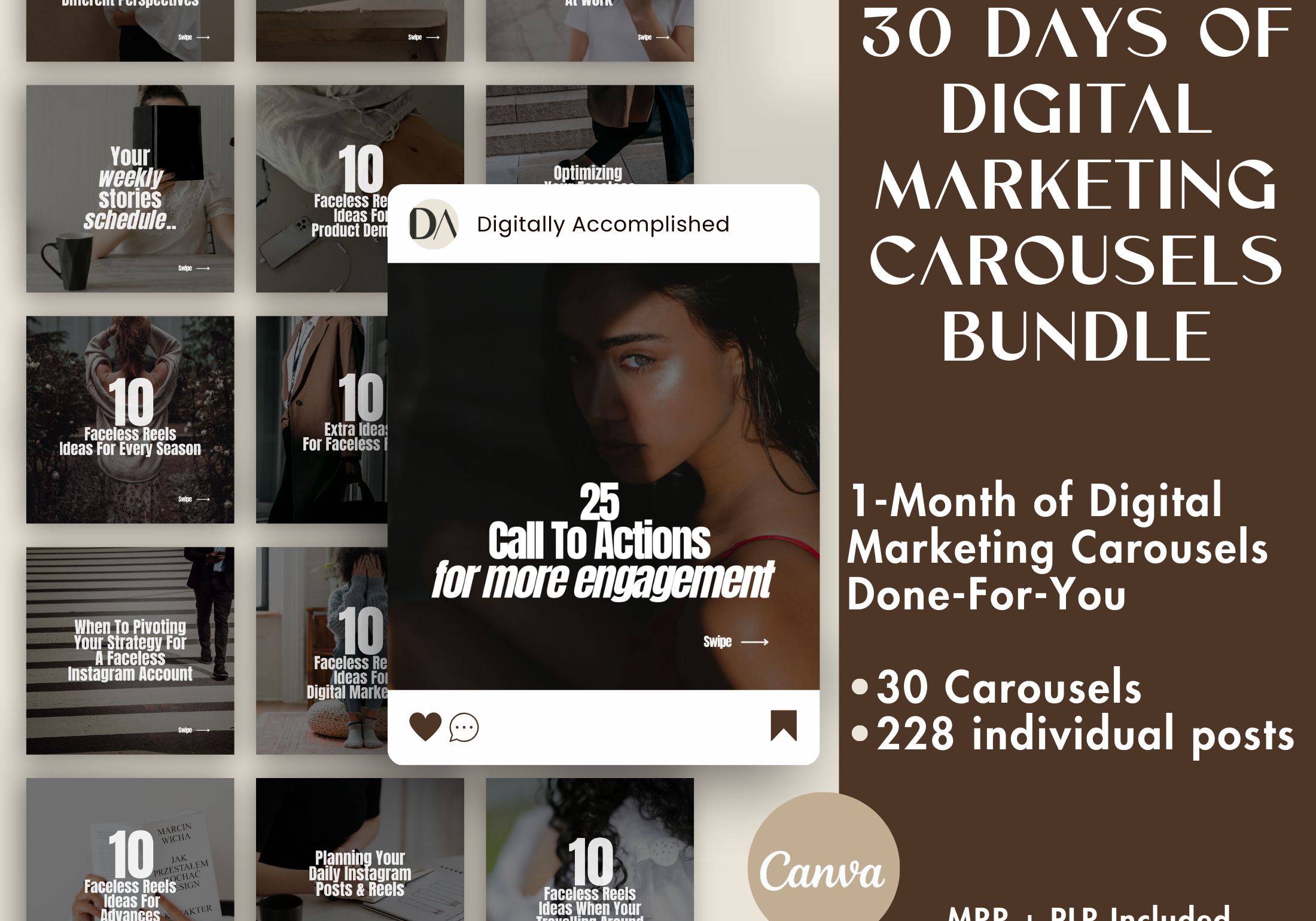 Cover image for the 30 Days of Digital Marketing Carousels Bundle, featuring a 1-Month collection of done-for-you carousels designed for digital marketing engagement.