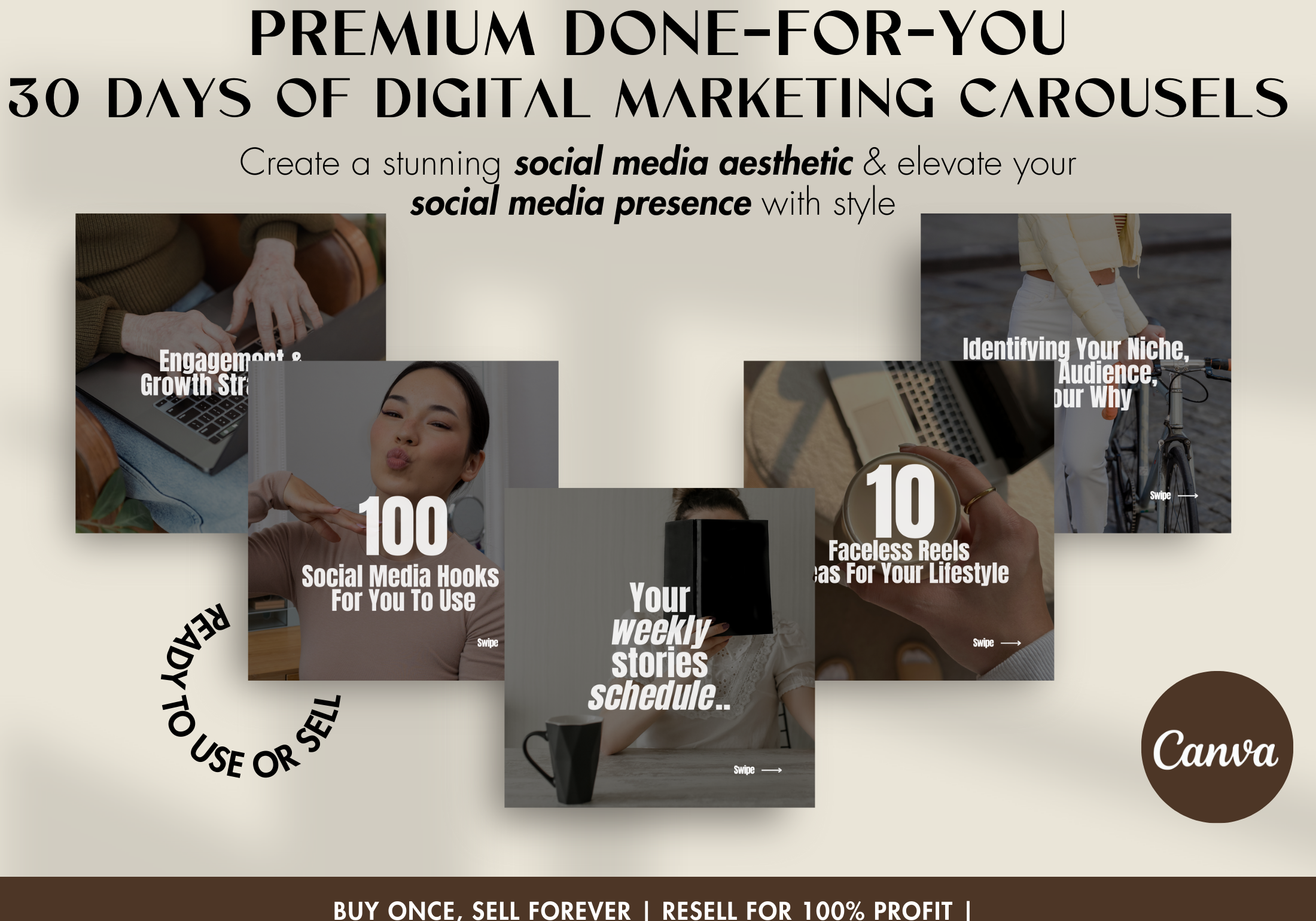 Preview of premium done-for-you carousels available in the 30 Days of Digital Marketing Carousels Bundle, ready to use or resell.