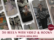 Cover image for the 30 Reels With Video & Hooks product, highlighting the variety of video hooks included to boost social media engagement.