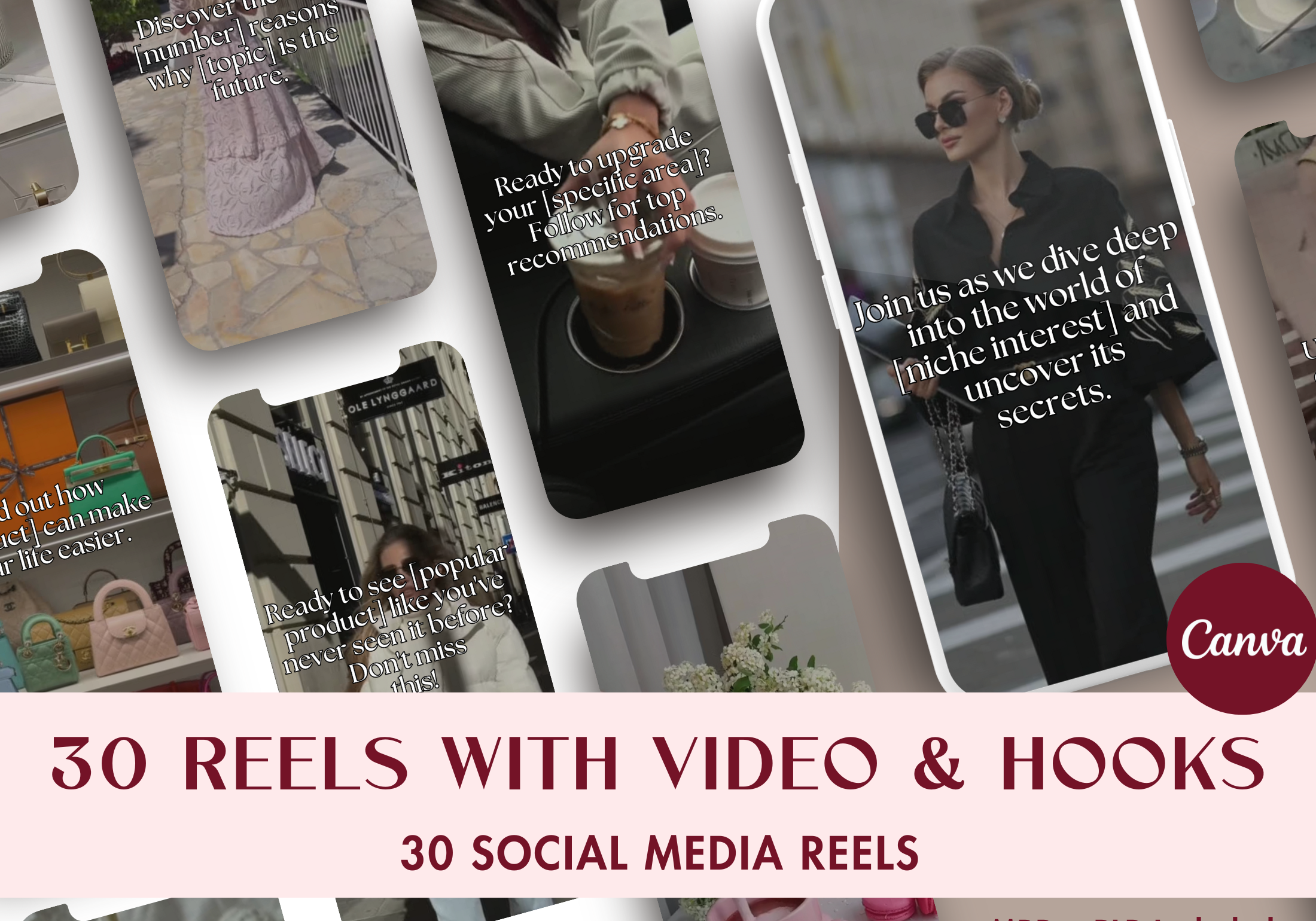 Cover image for the 30 Reels With Video & Hooks product, highlighting the variety of video hooks included to boost social media engagement.