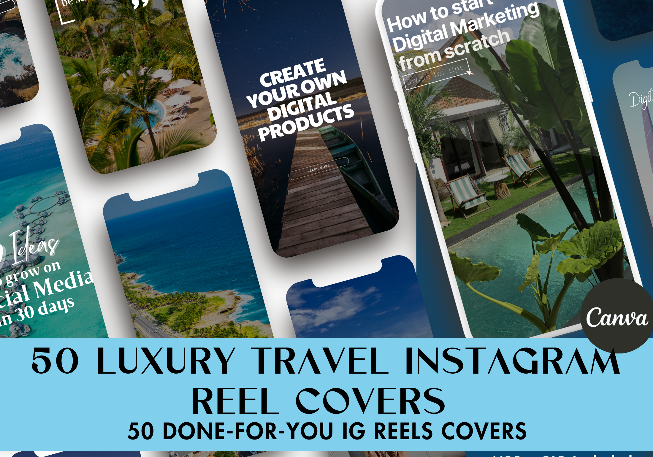 Cover image for the 50 Luxury Travel Instagram Reel Covers, featuring a preview of various tropical and luxurious travel destinations.