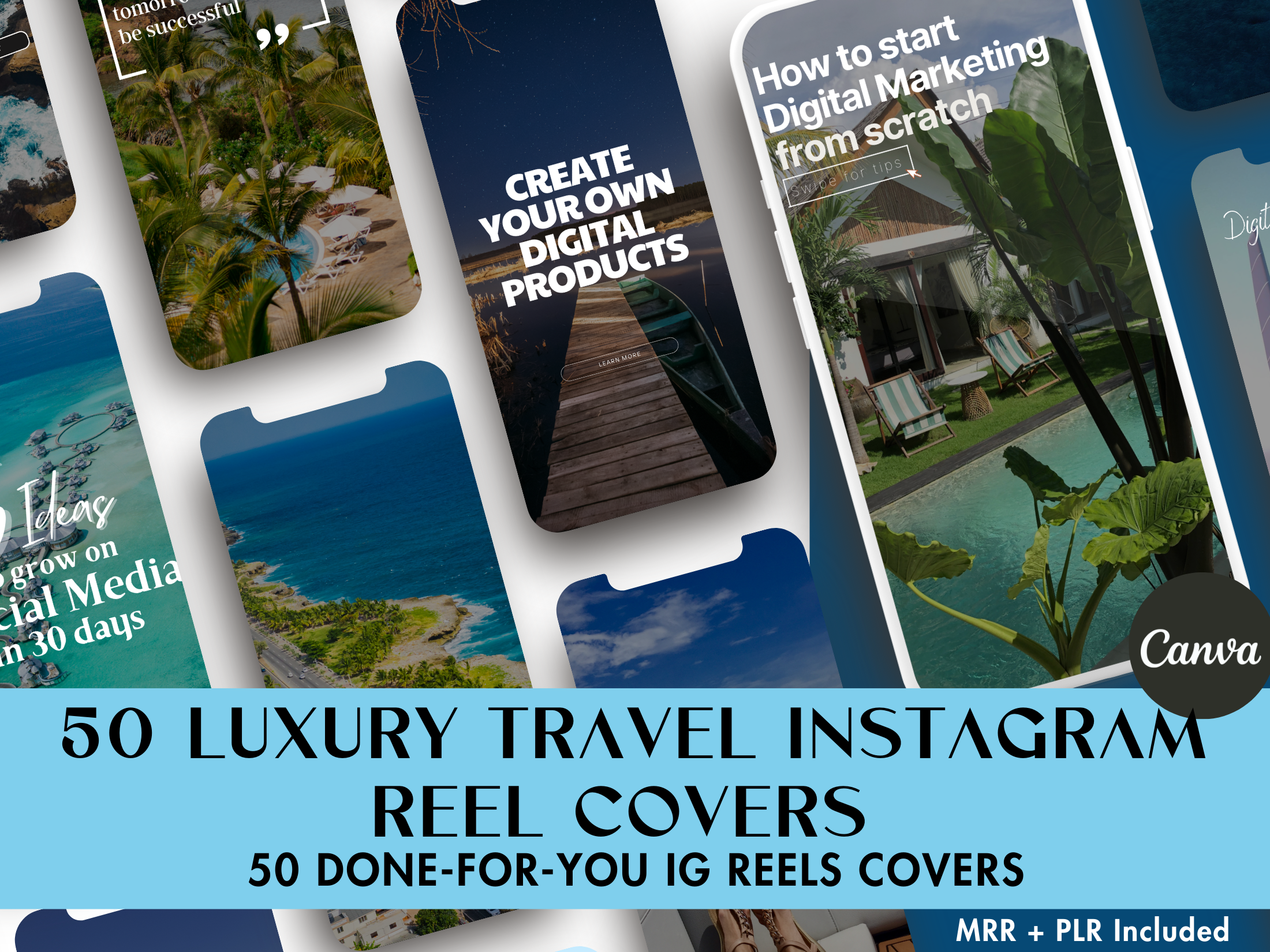 Cover image for the 50 Luxury Travel Instagram Reel Covers, featuring a preview of various tropical and luxurious travel destinations.