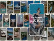 Grid view of multiple luxury travel reel covers, demonstrating the variety of designs included in the bundle.