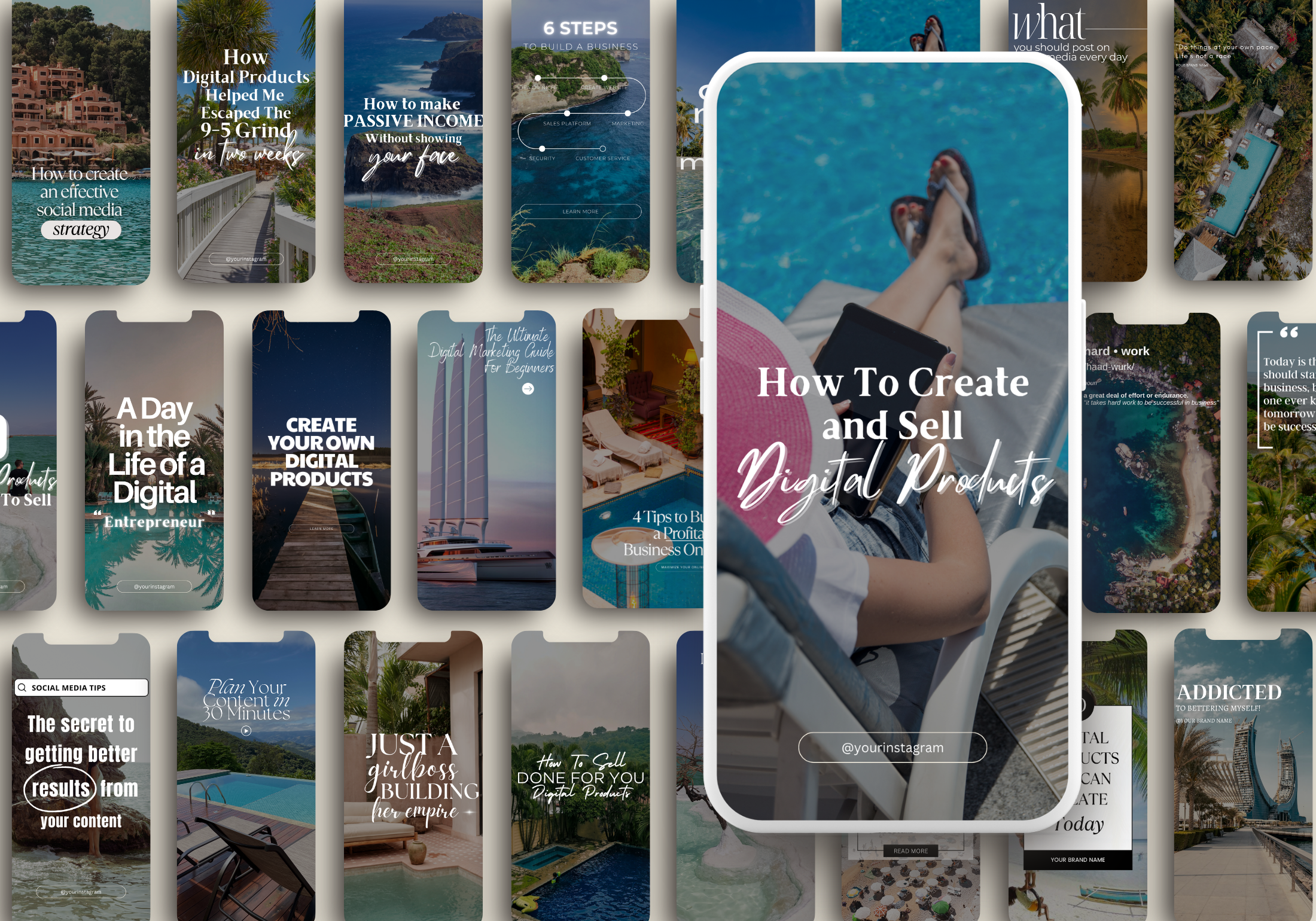 Grid view of multiple luxury travel reel covers, demonstrating the variety of designs included in the bundle.