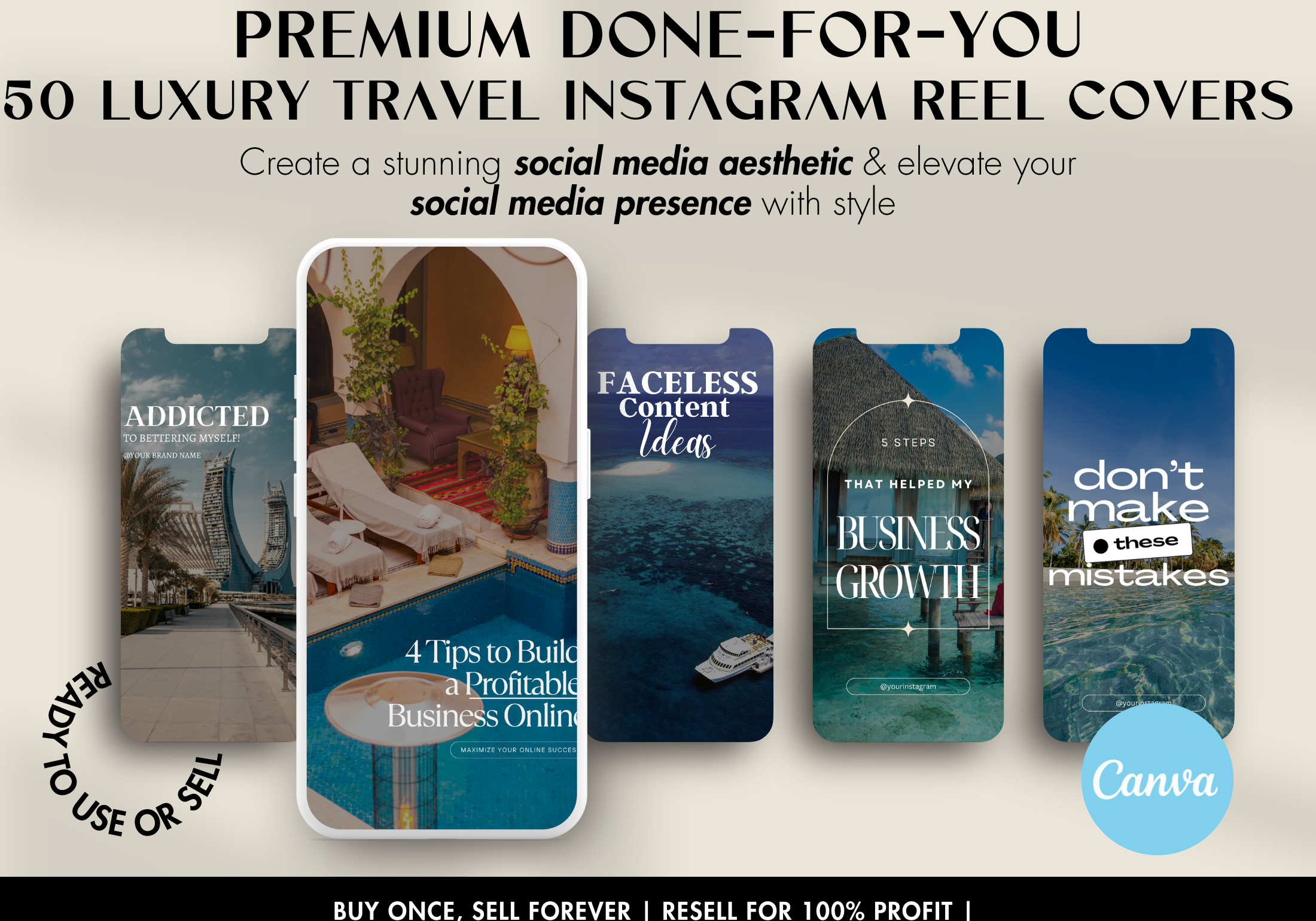 Showcase of five different luxury travel reel covers, highlighting beach resorts, tropical escapes, and travel tips.