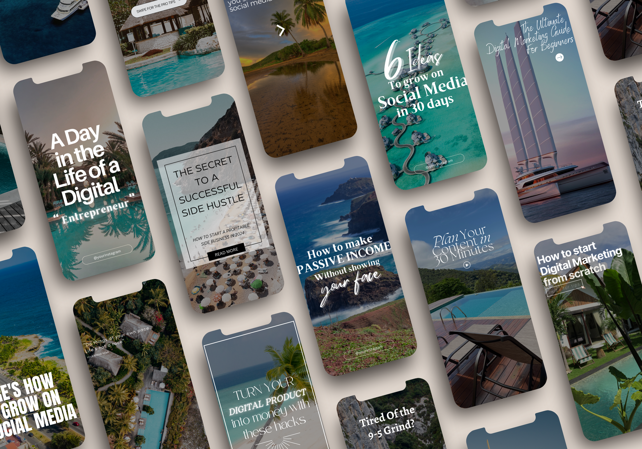 Detailed preview of luxury travel reel covers designed for social media growth strategies and digital marketing tips.