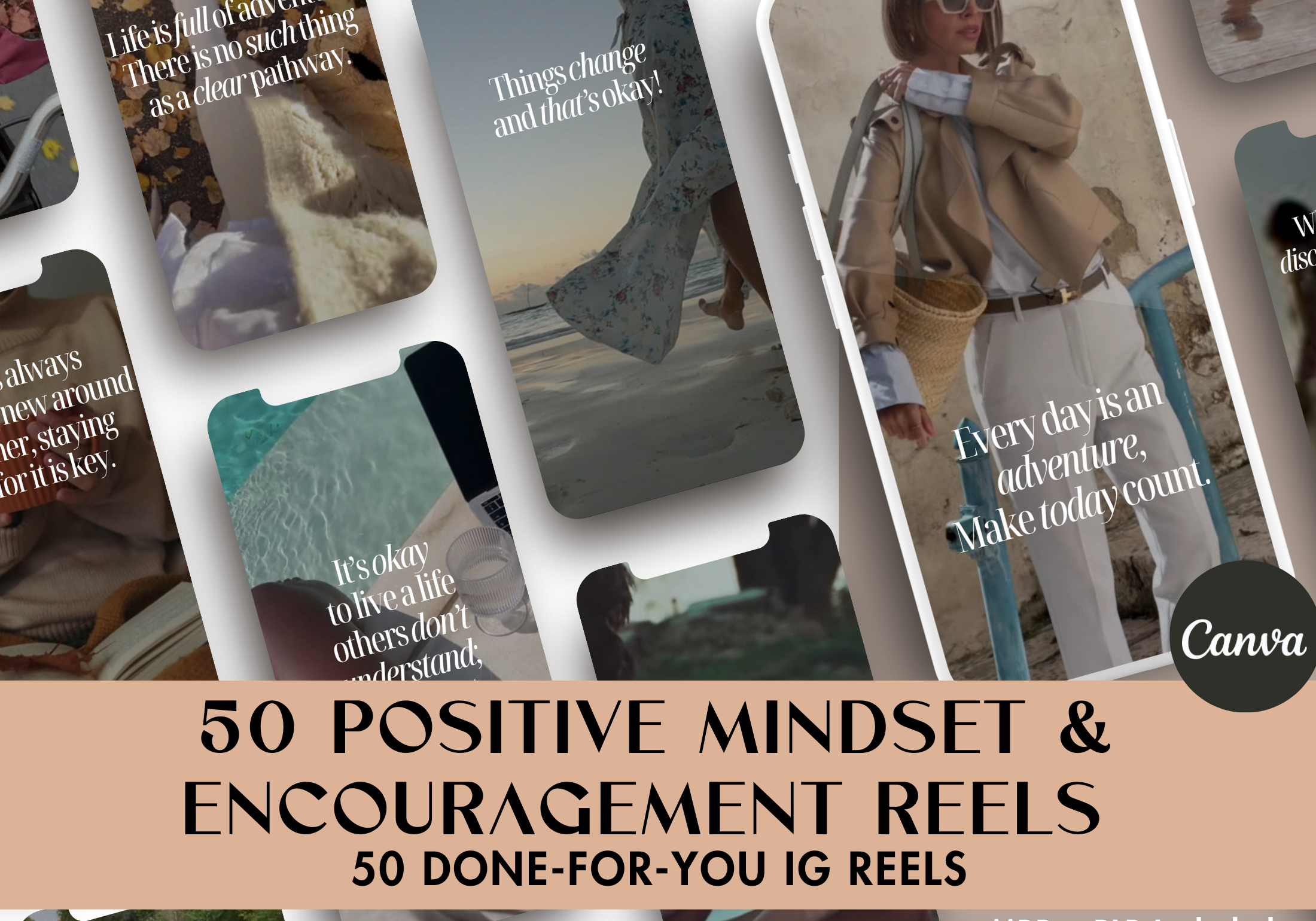 Cover image showcasing a collection of 50 positive mindset and encouragement Instagram reels, featuring motivational quotes and uplifting messages.