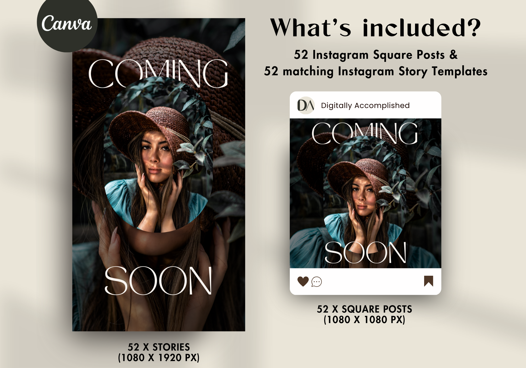 A preview of an Instagram story and post template with a "Coming Soon" theme, featuring a model in a stylish hat and dark background.