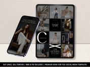 A mockup showing the templates in use on a smartphone and tablet, with a focus on themes like coaching, inspiration, and new bookings.