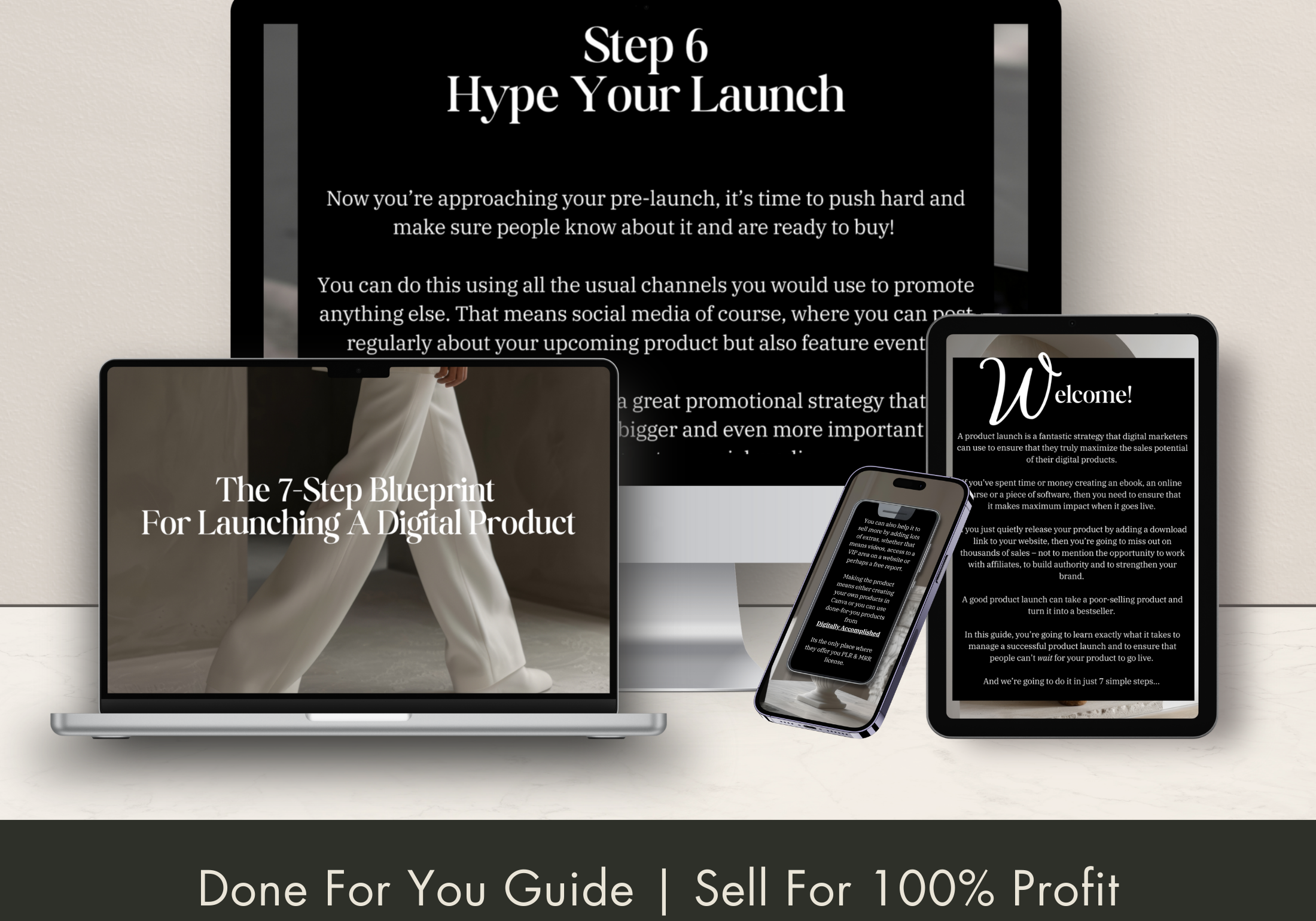 Mockup of the 7-Step Blueprint For Launching a Digital Product, on different devices.