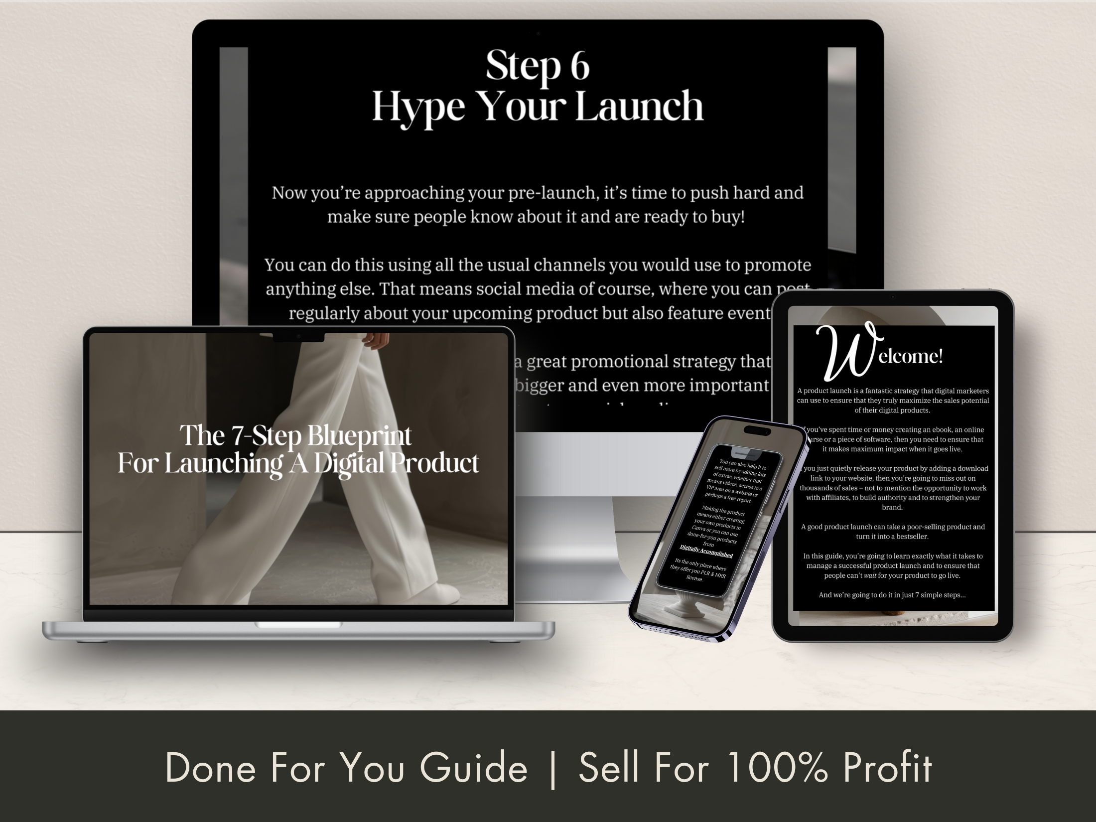 Mockup of the 7-Step Blueprint For Launching a Digital Product, on different devices.