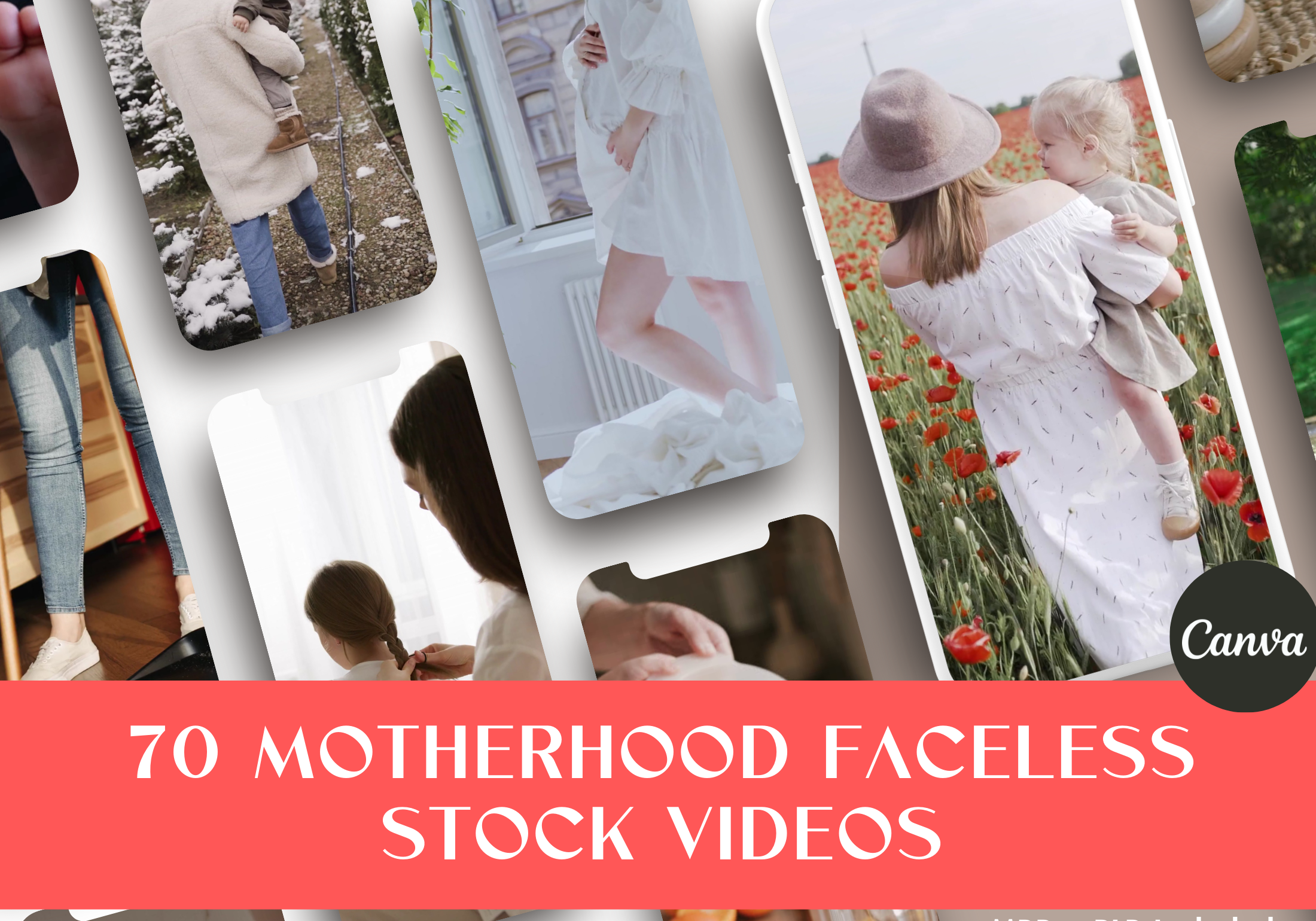 Cover image showcasing the 70 Motherhood Faceless Stock Videos, highlighting various moments of motherhood.